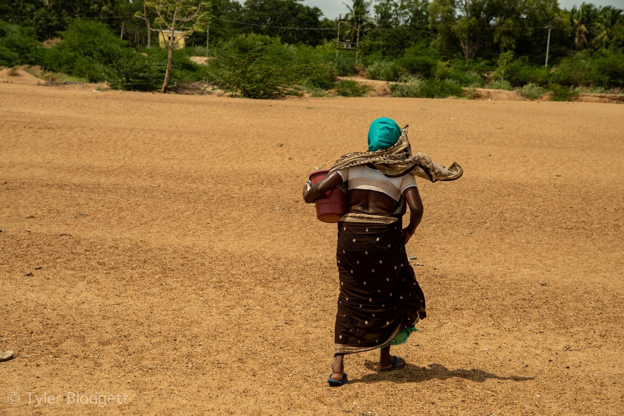 Bucket in hand, she crosses the wide sand toward the trees.