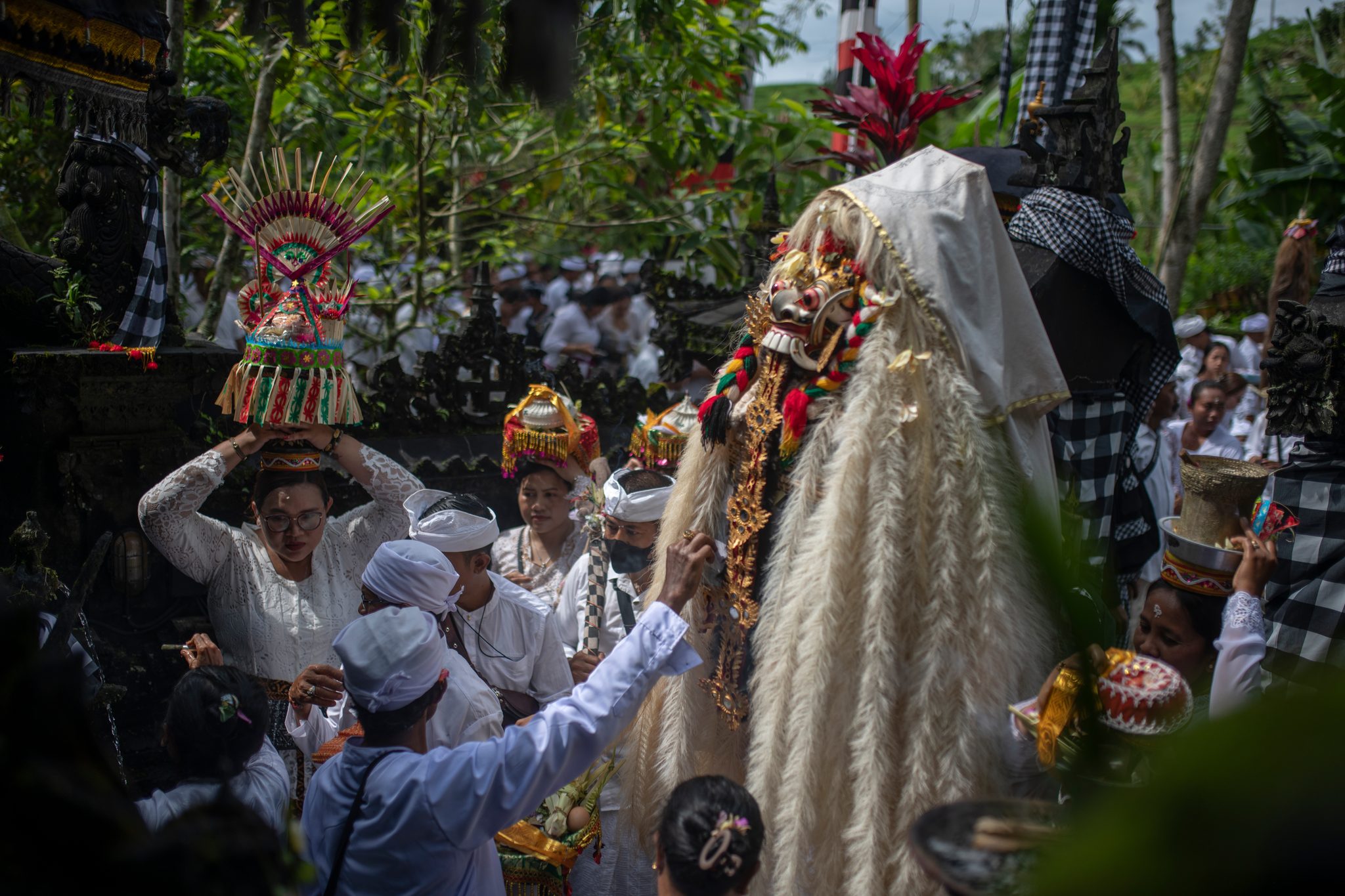 A temple-festival procession, an odalan, where the community brings out the temple's sacred objects and guardian spirits to bless the fields and restore balance.
