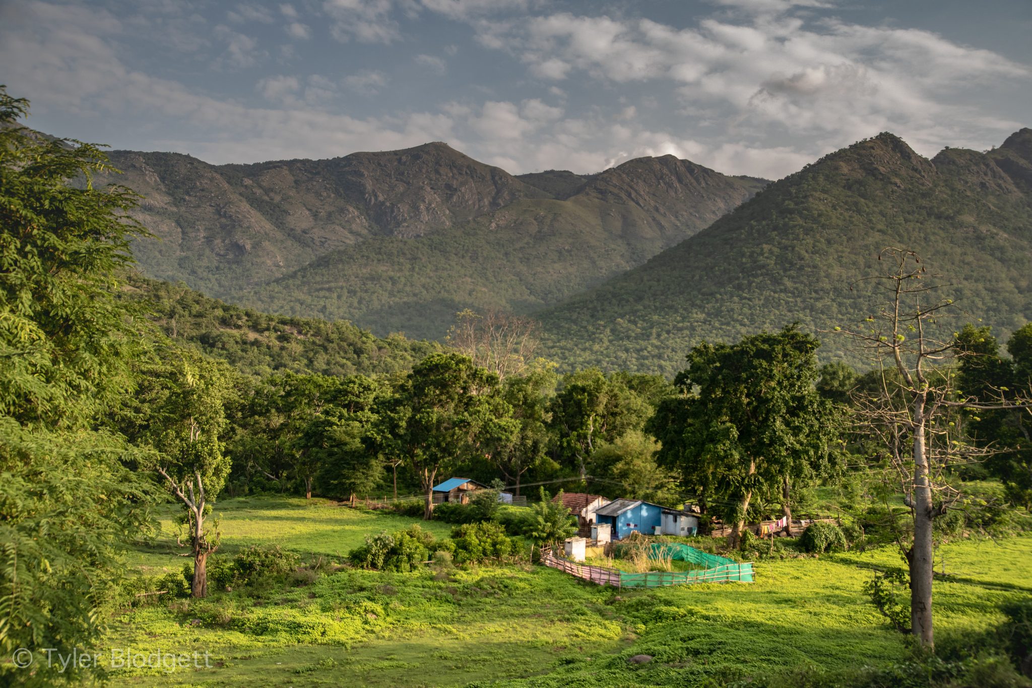 A small homestead sits in the fold of the valley beneath green mountains.