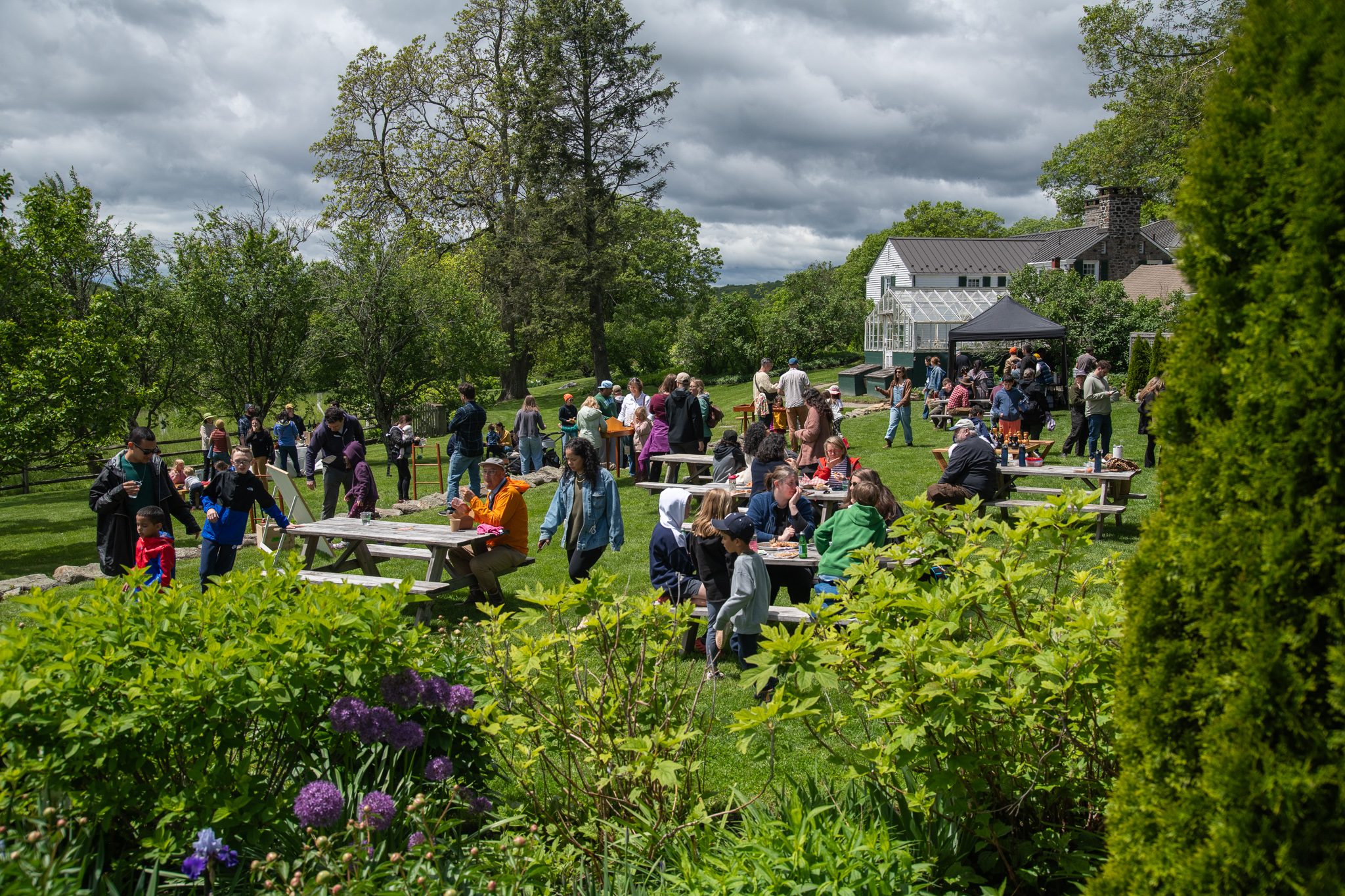 Picnic tables fill up across the lawn beyond the garden.