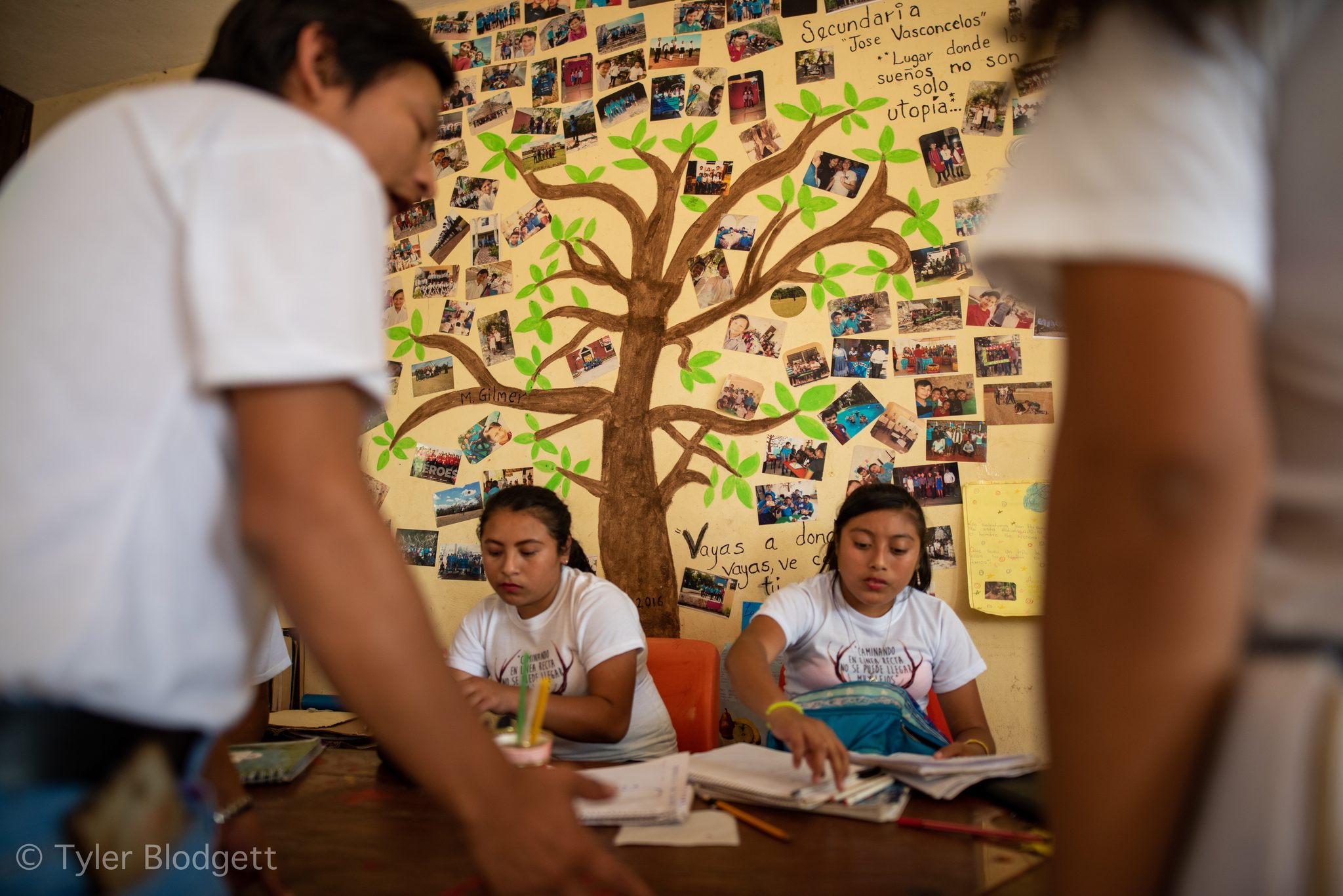 Students bend over their notebooks under the painted tree.