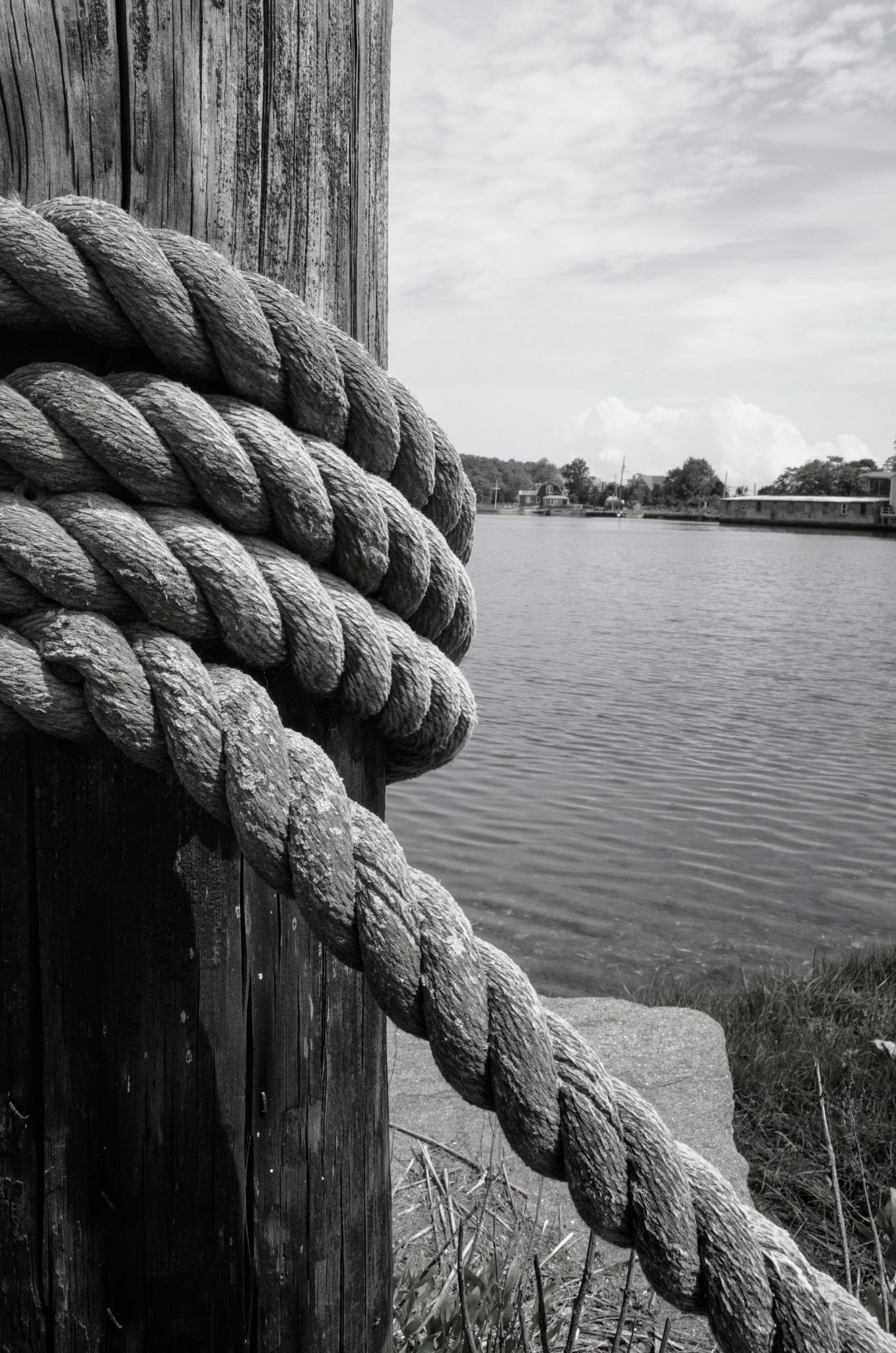 Heavy rope coils around a weathered piling above the water, in black and white.