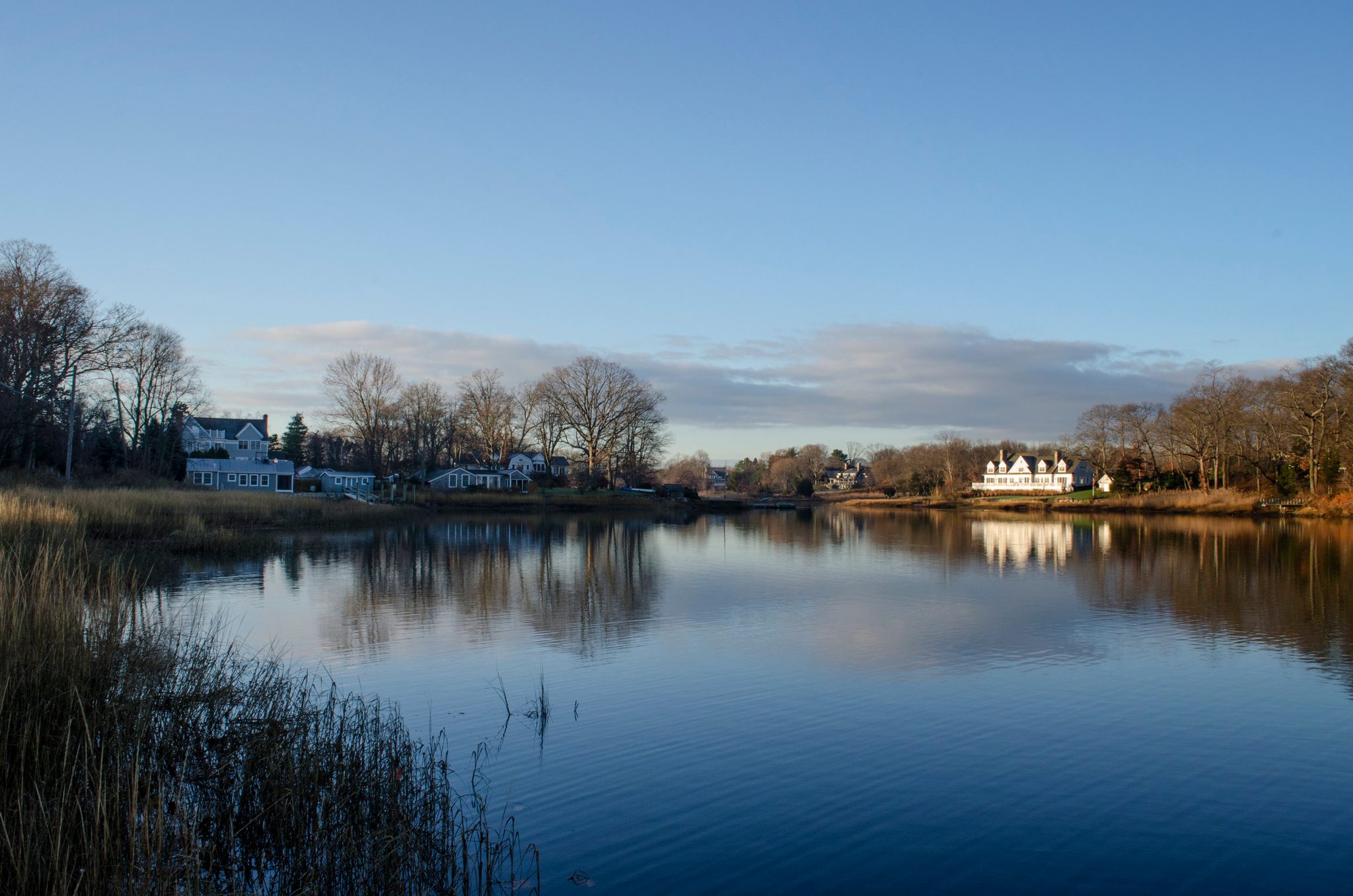 Houses and bare trees line the cove, all of it doubled in the evening water.