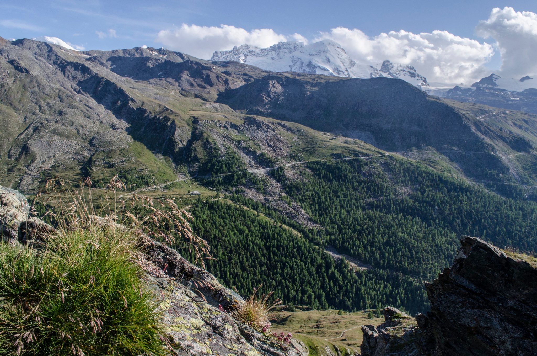 A mountain pass winds through the valley toward snowy summits.