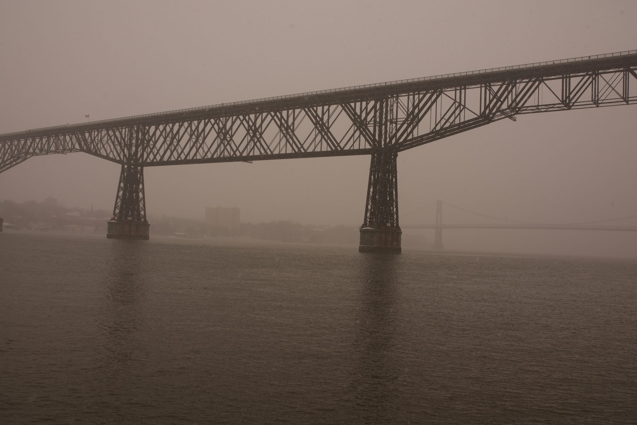 The Walkway's steel fading into the fog over the river.