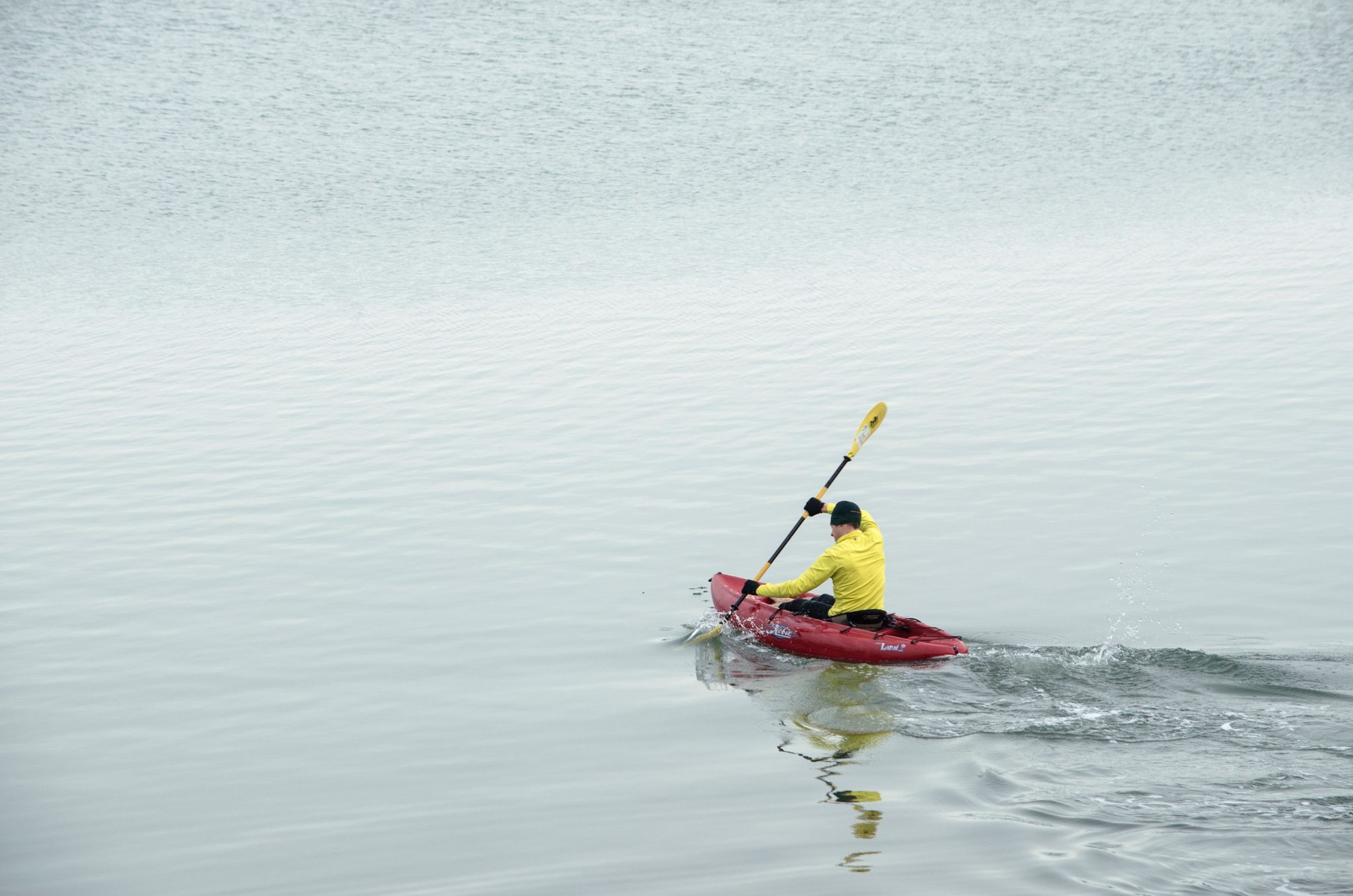 A kayaker in yellow cuts a wake across the gray water.