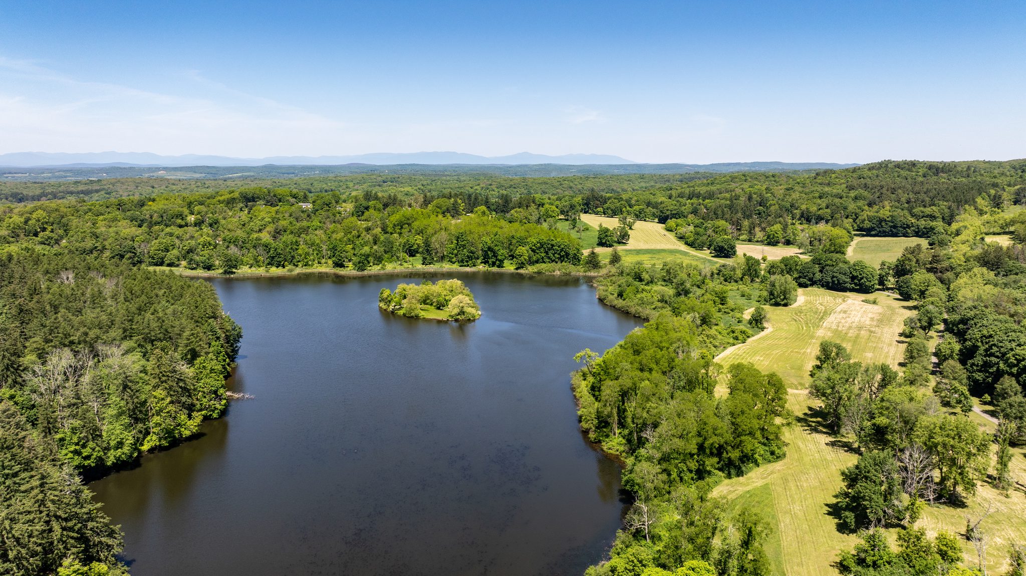 A June morning over the estate lake, one small wooded island in the middle and mown meadows running along one shore toward the hills.