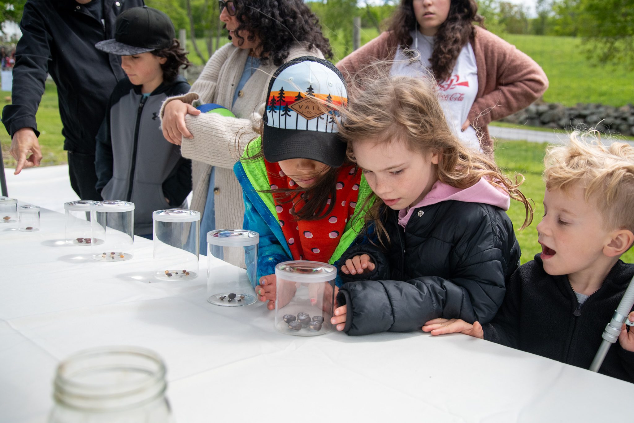 Kids crowd the table to peer into the jars, one of them mid-gasp.