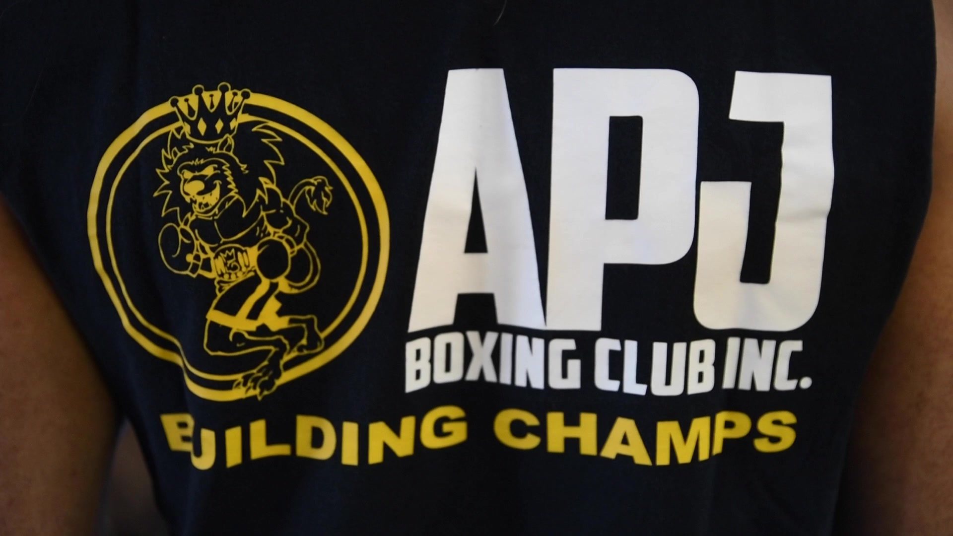 Close on the back of a shirt: the crowned lion, the club name, and Building Champs in gold.