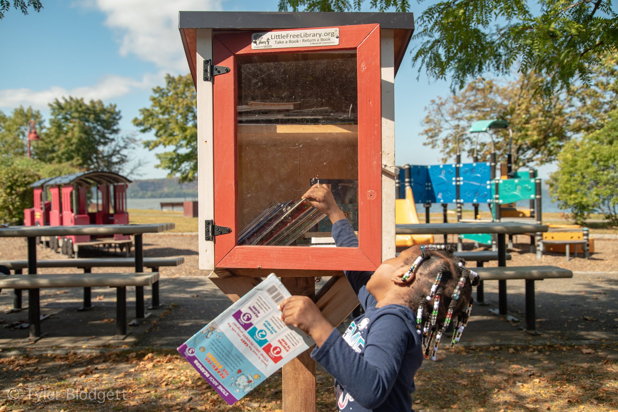 A girl with beaded braids reads right there at the Little Free Library, too curious to carry the book home first.