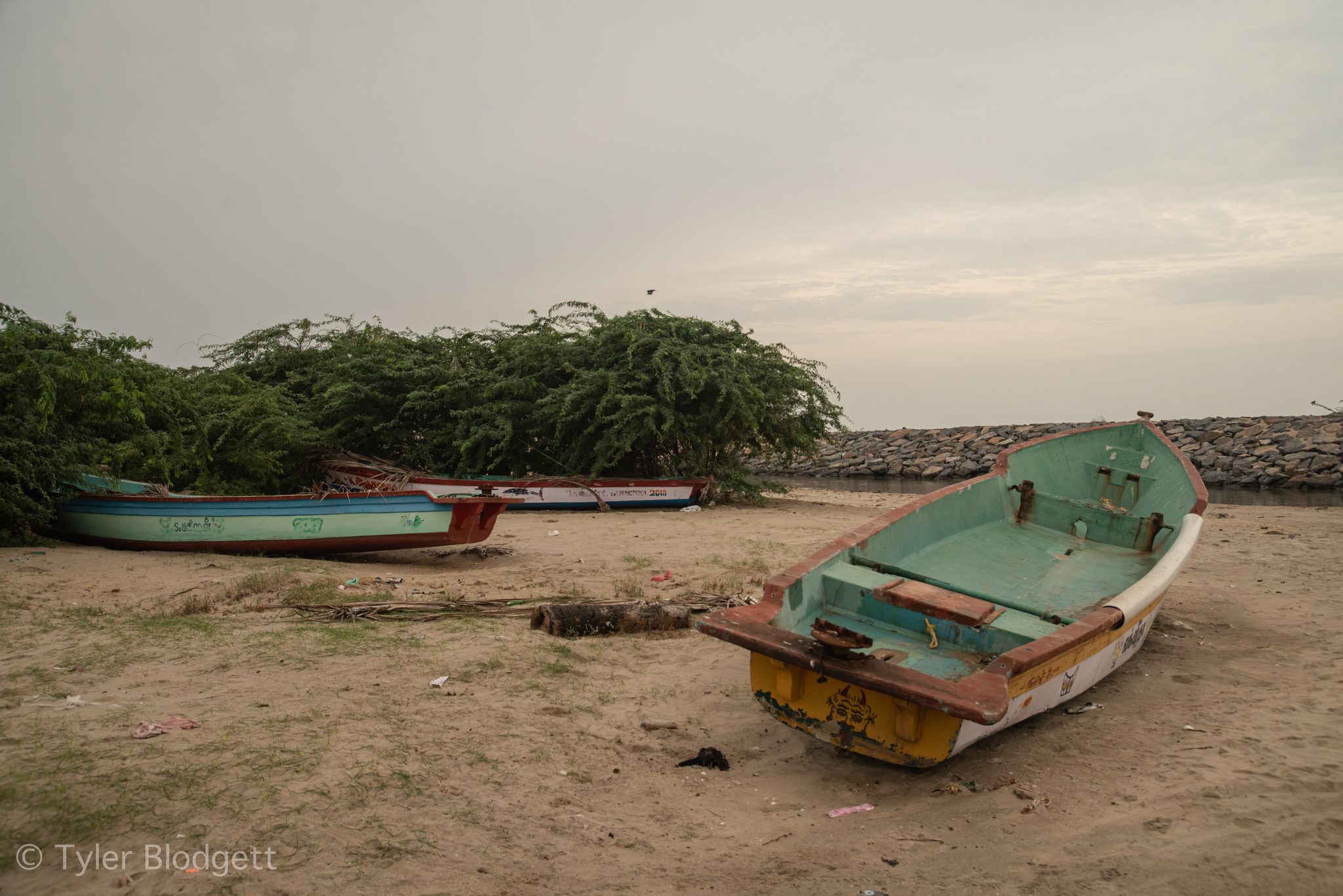 Fishing boats rest on the sand beneath the thorn trees.