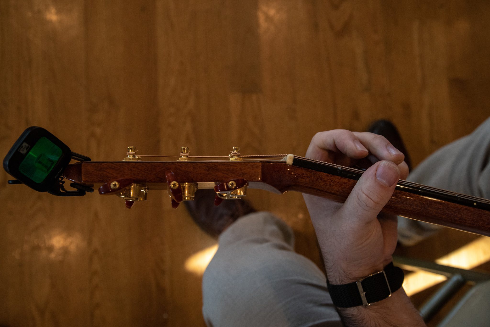 Up close, the fretting hand and the glow of the tuner.