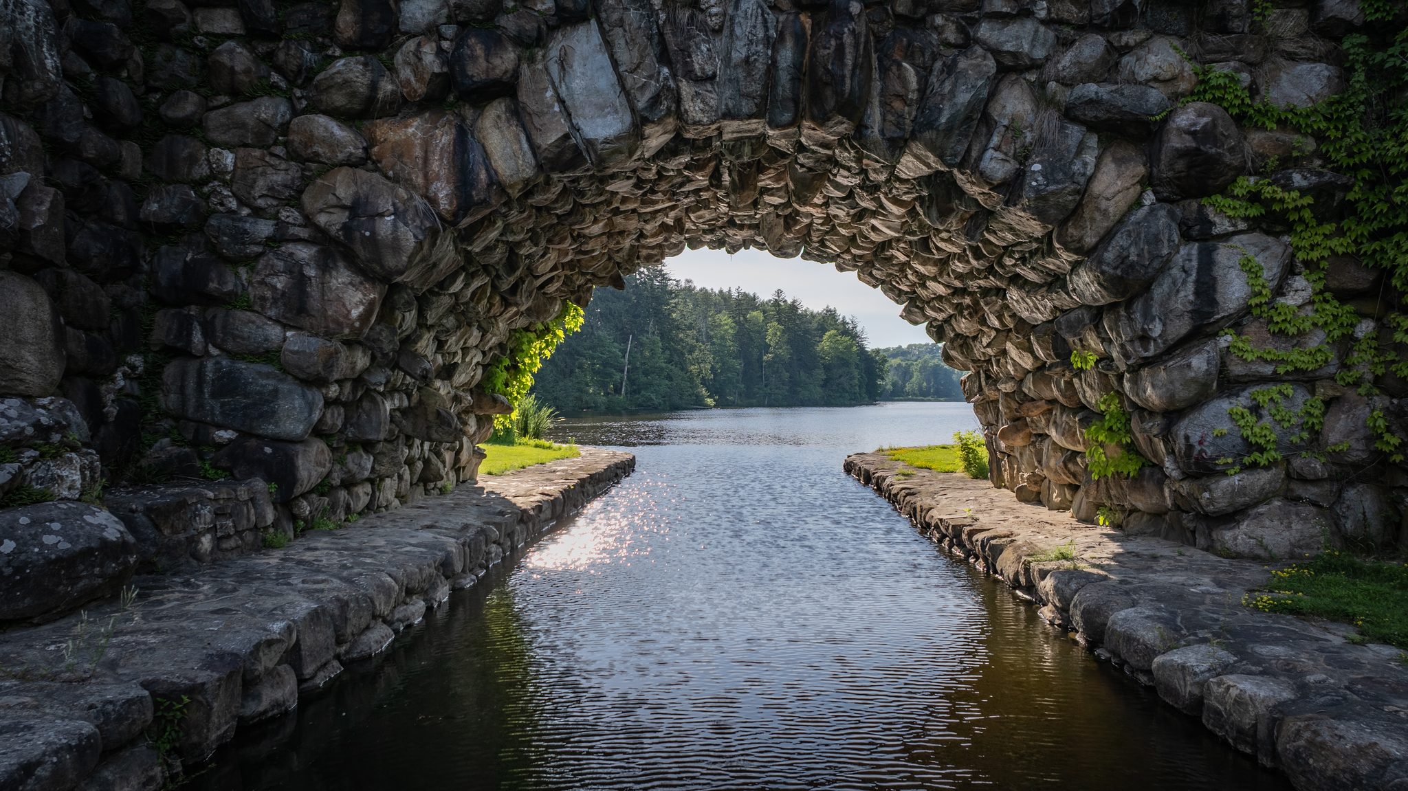 Underneath the bridge, a stone arch frames the channel of water running out toward the lake and the far woods.