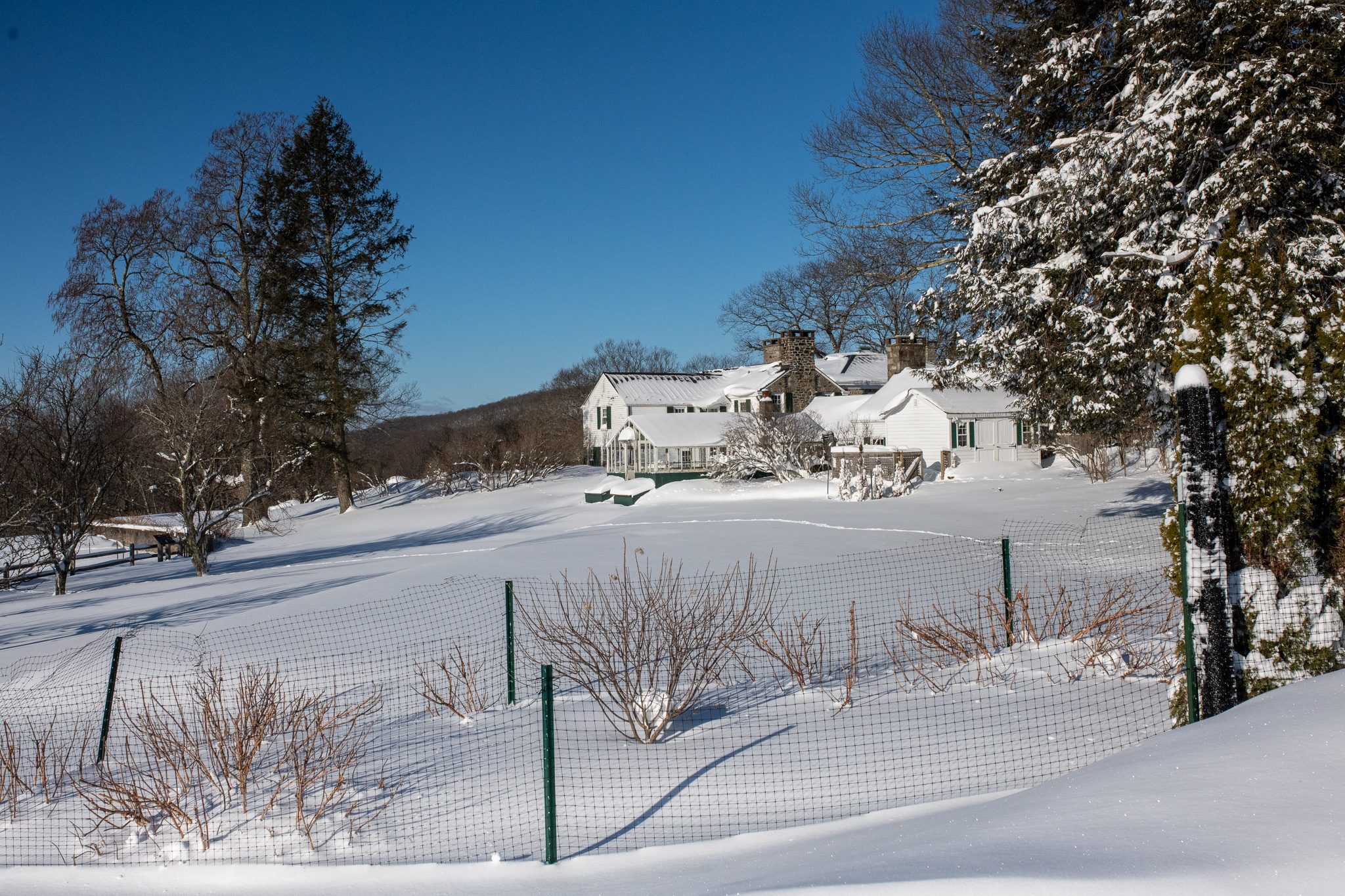 The farmhouse sits above a snowbound garden, its fence posts just clearing the drifts.