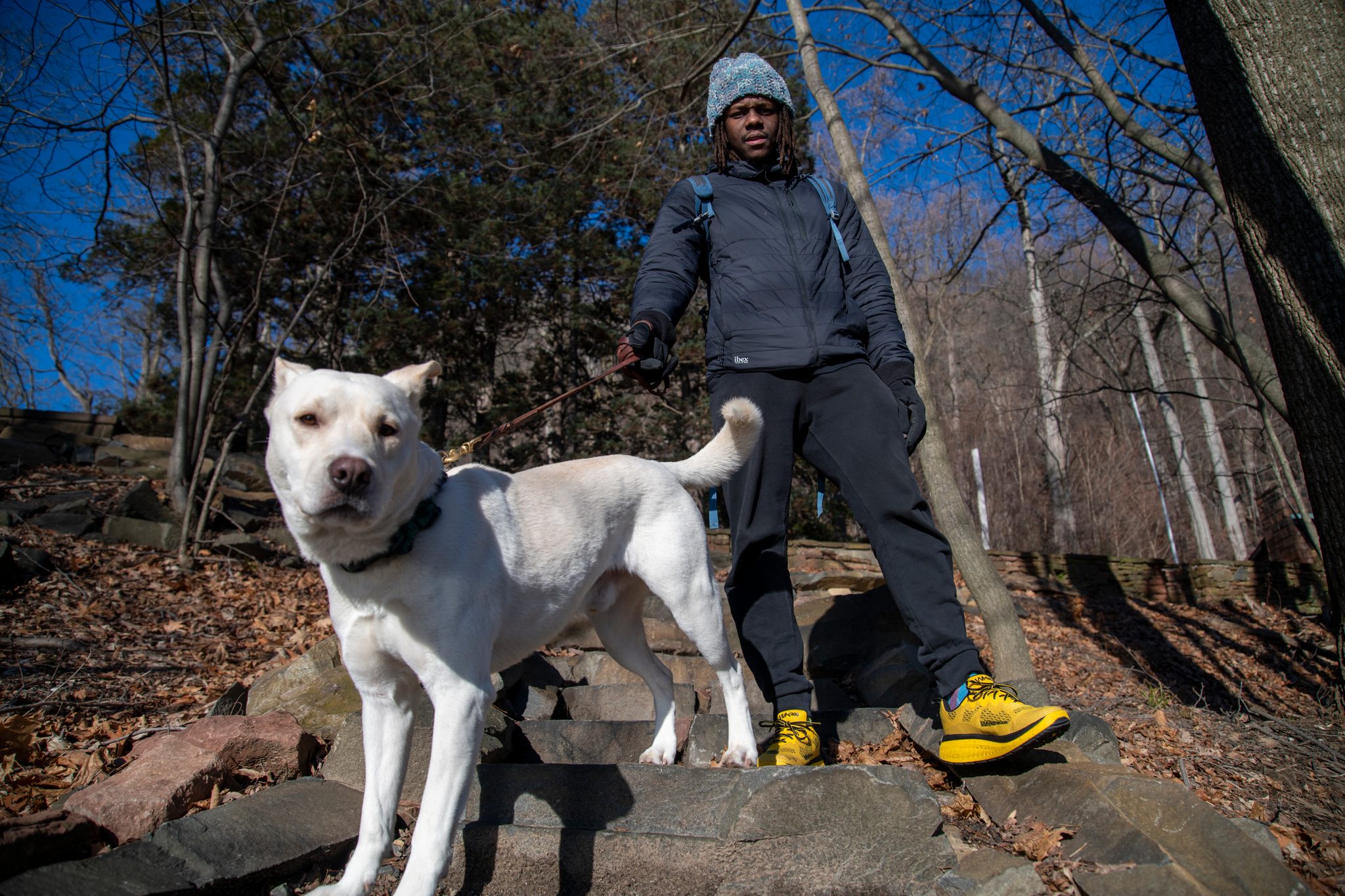 The dog stares down the lens while Chev stands behind on the rocks under a deep blue winter sky.