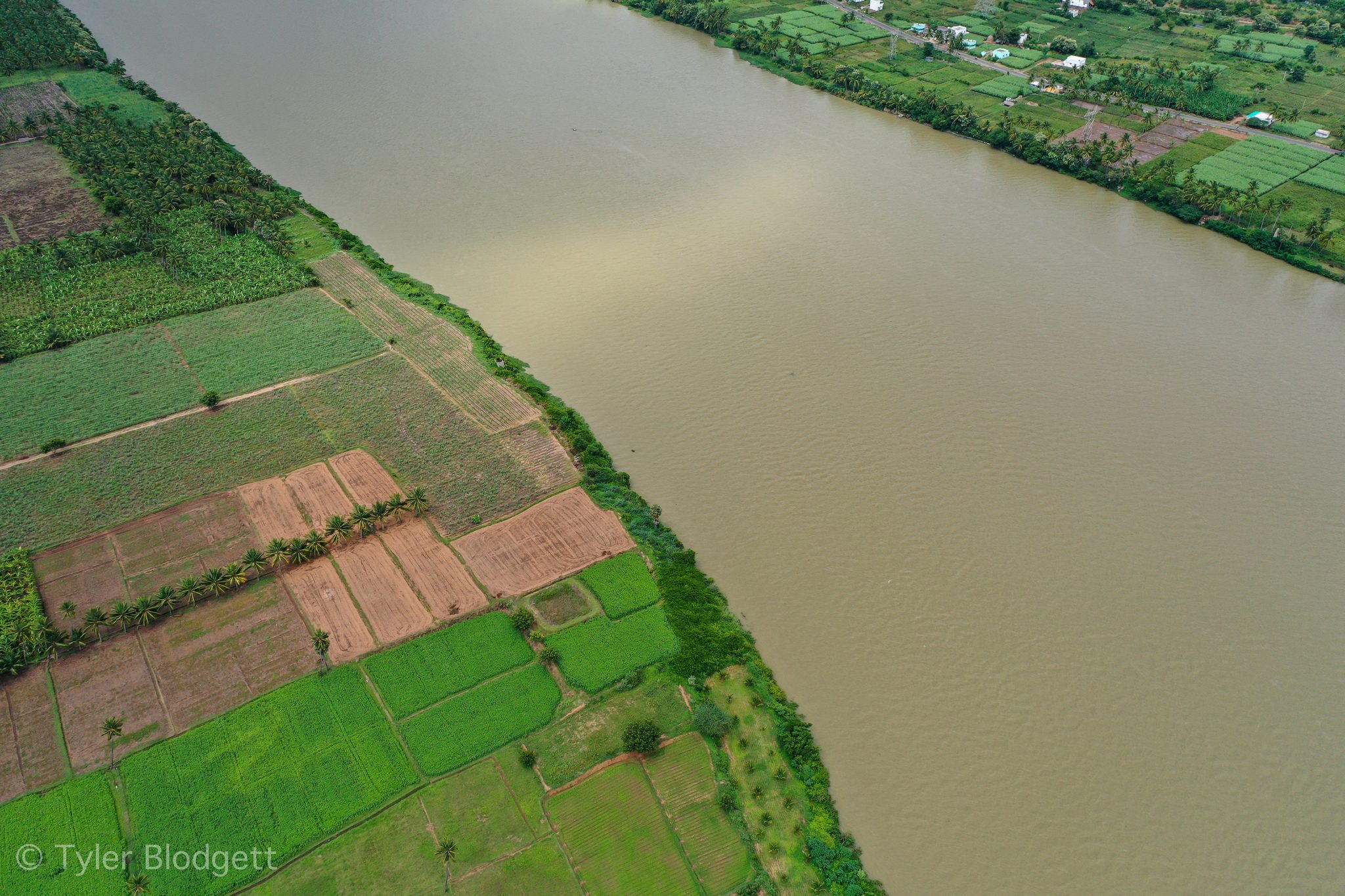 The river sweeps past a quilt of green and red plots.