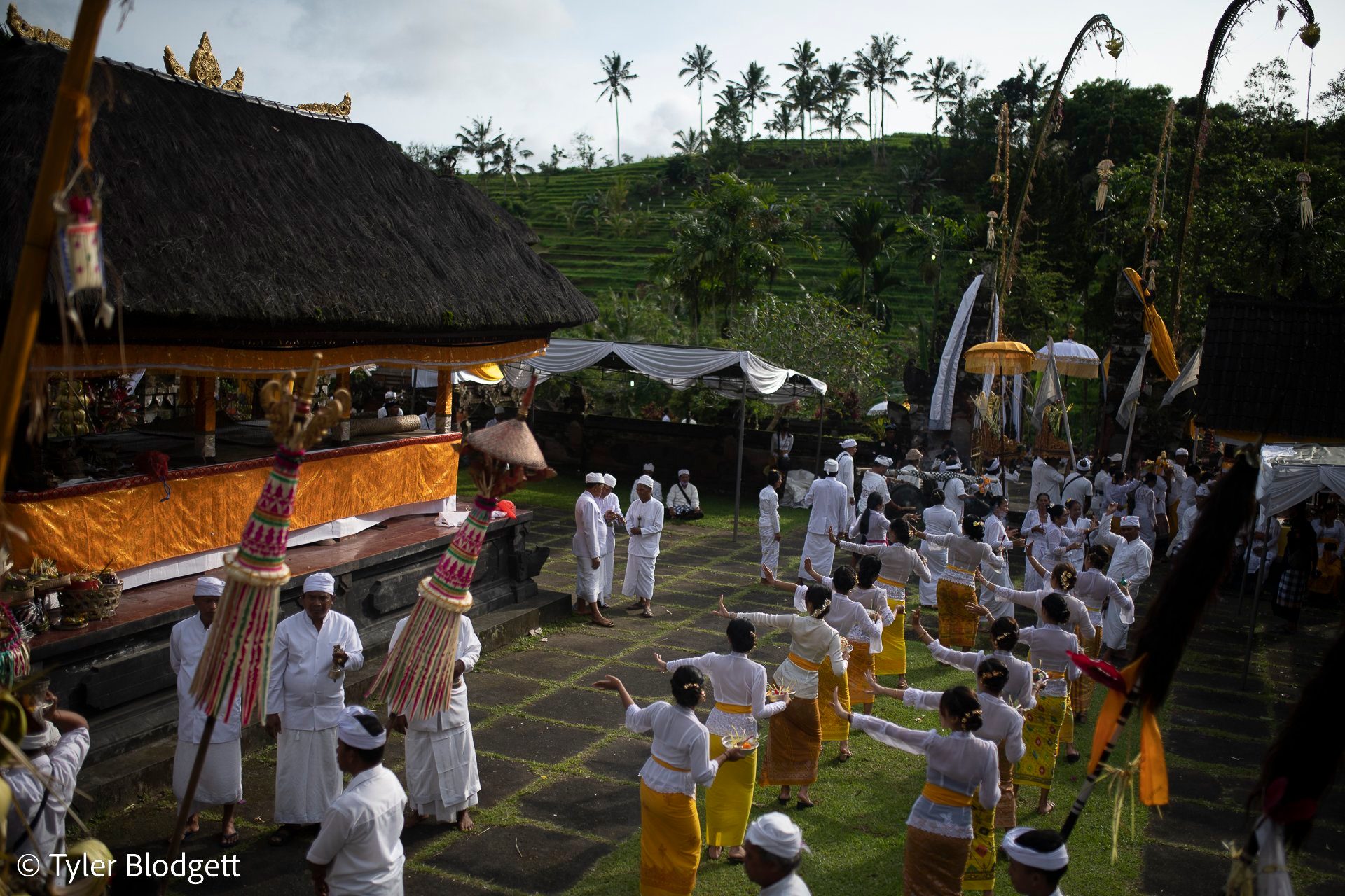 Women in white and gold dance in rows across the courtyard, the terraces green behind the temple walls.