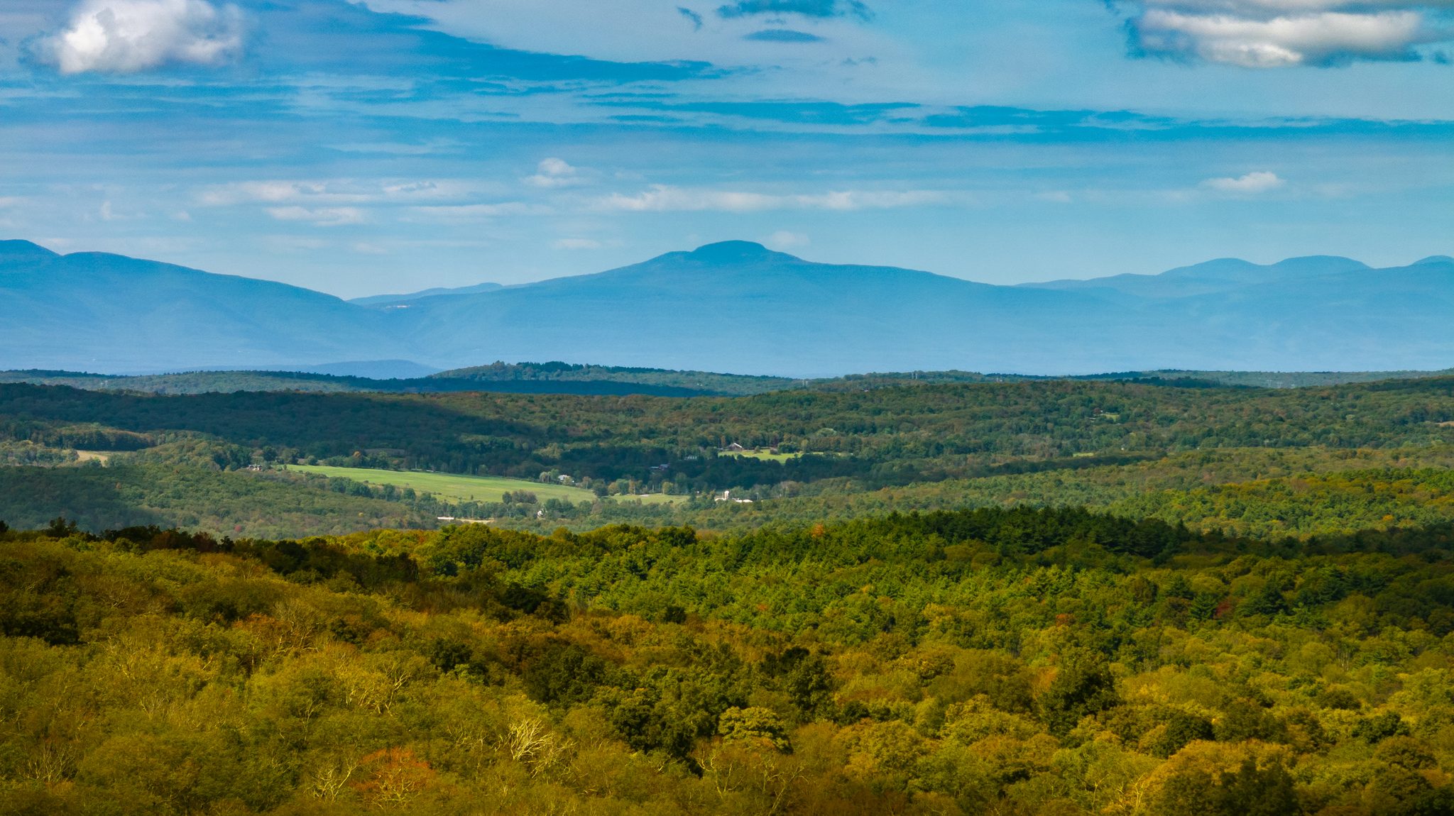 Late September from above the estate, the near woods just starting to turn and a blue mountain range filling the horizon.