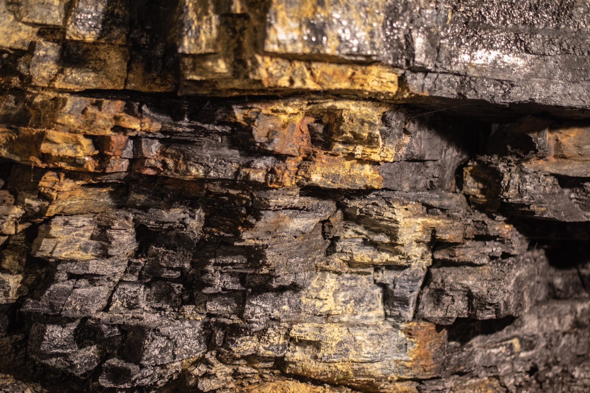 Layers of coal and stone glint in the lamplight.