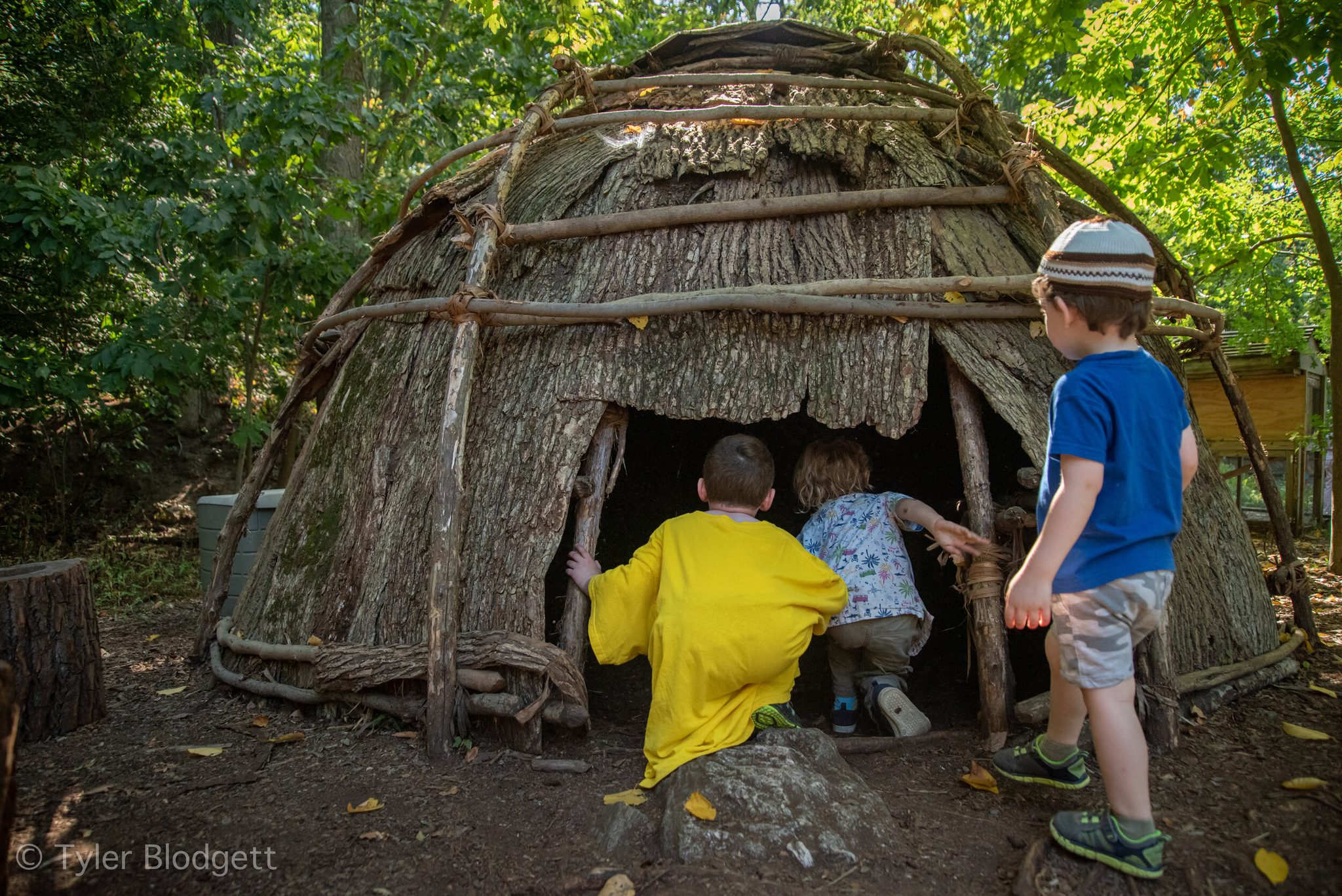 Three boys duck into a bark-covered shelter in the woods, the smallest keeping watch outside.