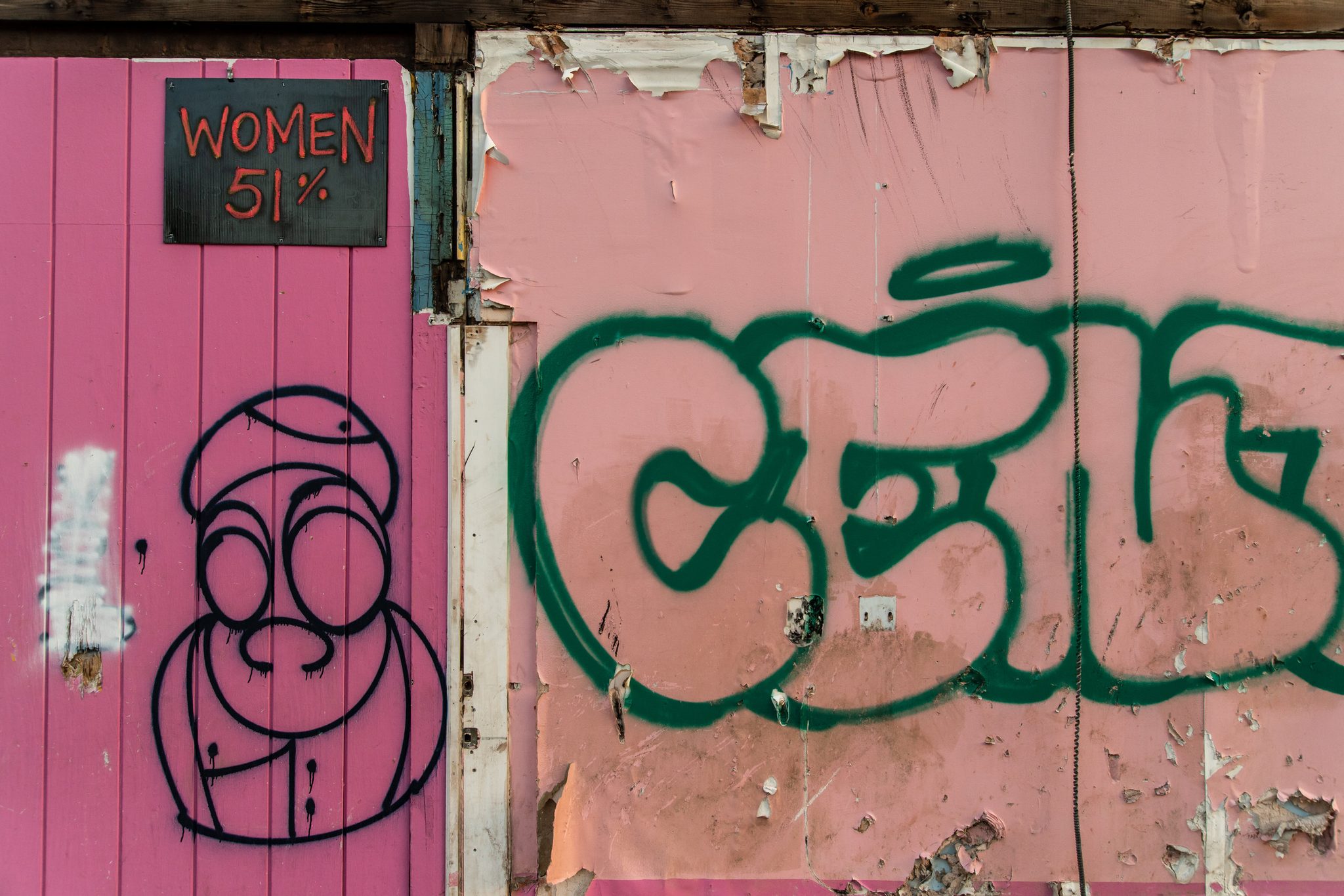 A hand-lettered sign reading WOMEN 51% hangs on a peeling pink wall beside the graffiti.