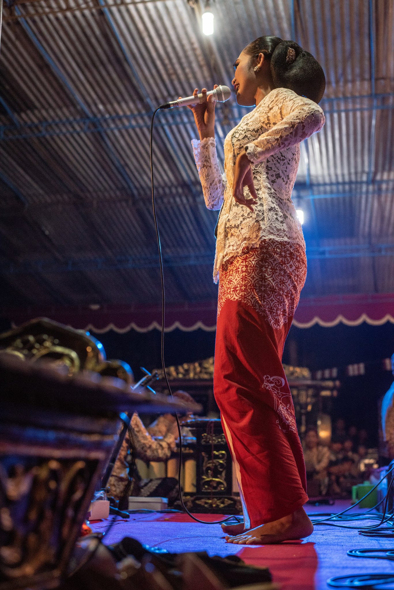 A singer rises to her feet and sings into the night, the gongs glinting in the dark.