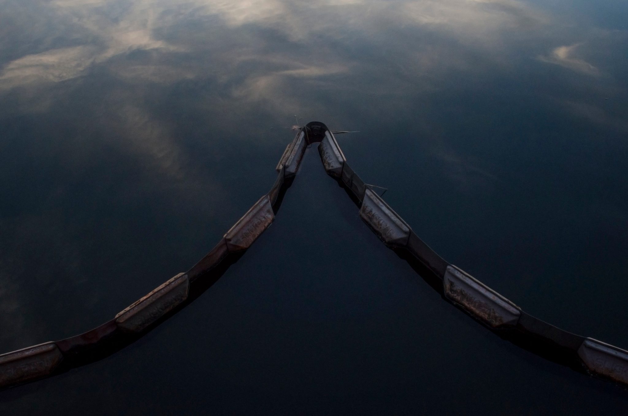 A line of floats makes a V across the dark water.