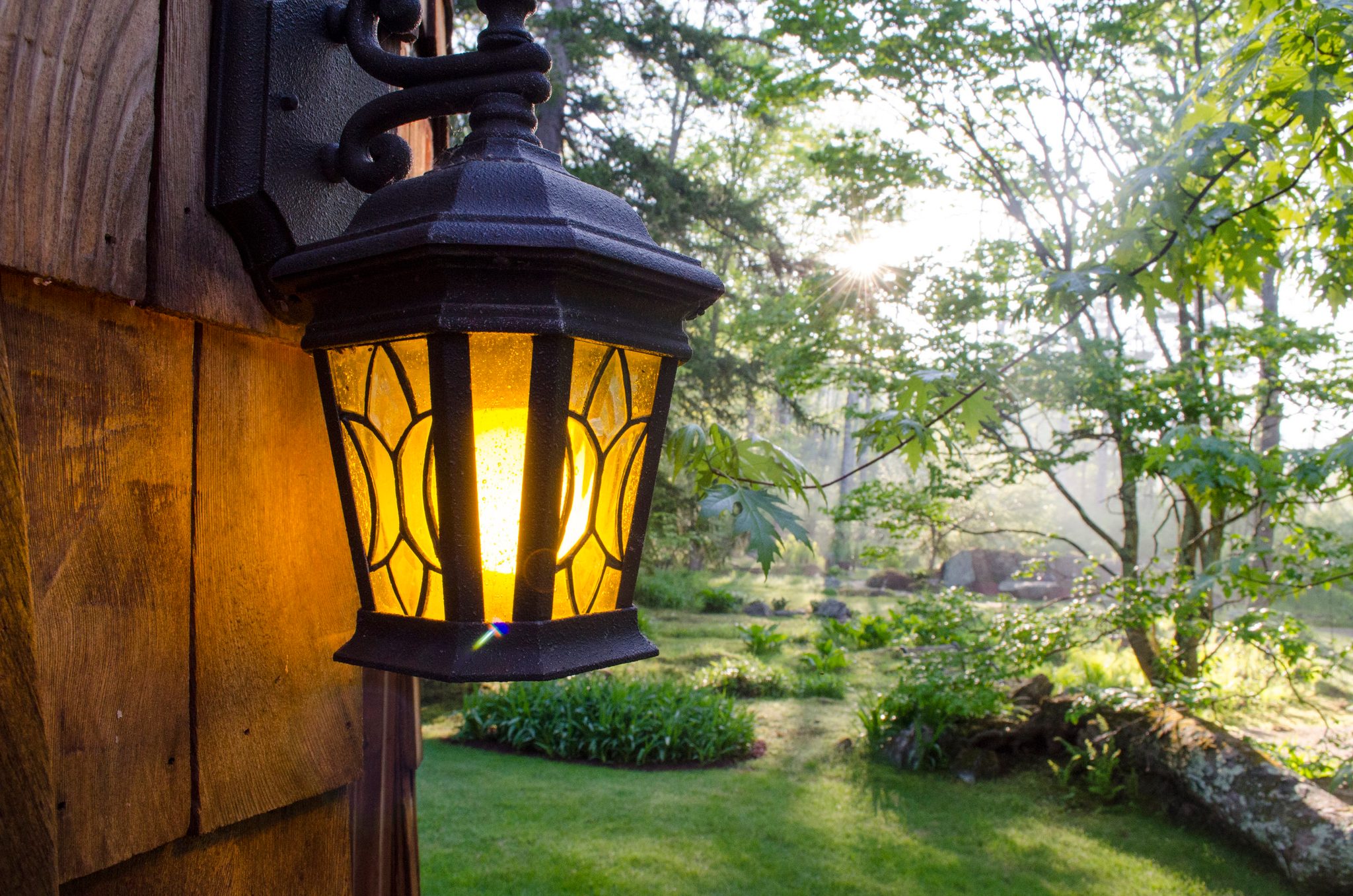 A lantern glows against the wooden wall as the morning sun breaks through the garden.