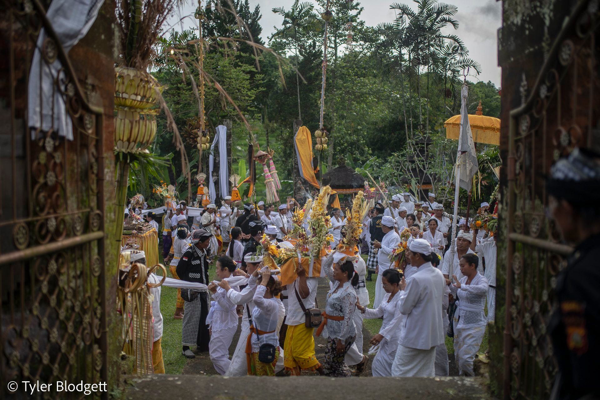 The procession pours through the gate carrying towers of offerings.