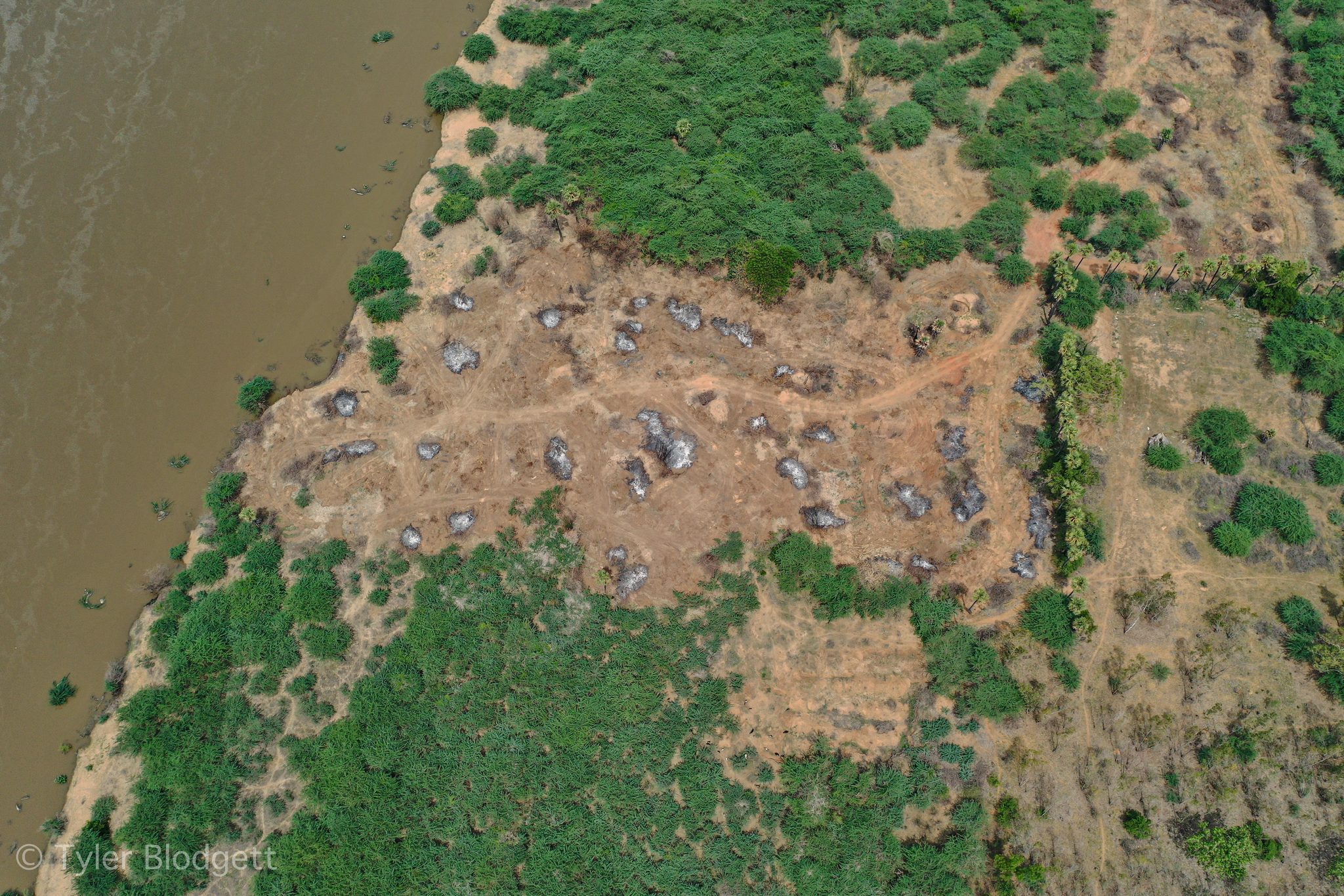A sandy bank pocked with pits borders the river, seen straight down.