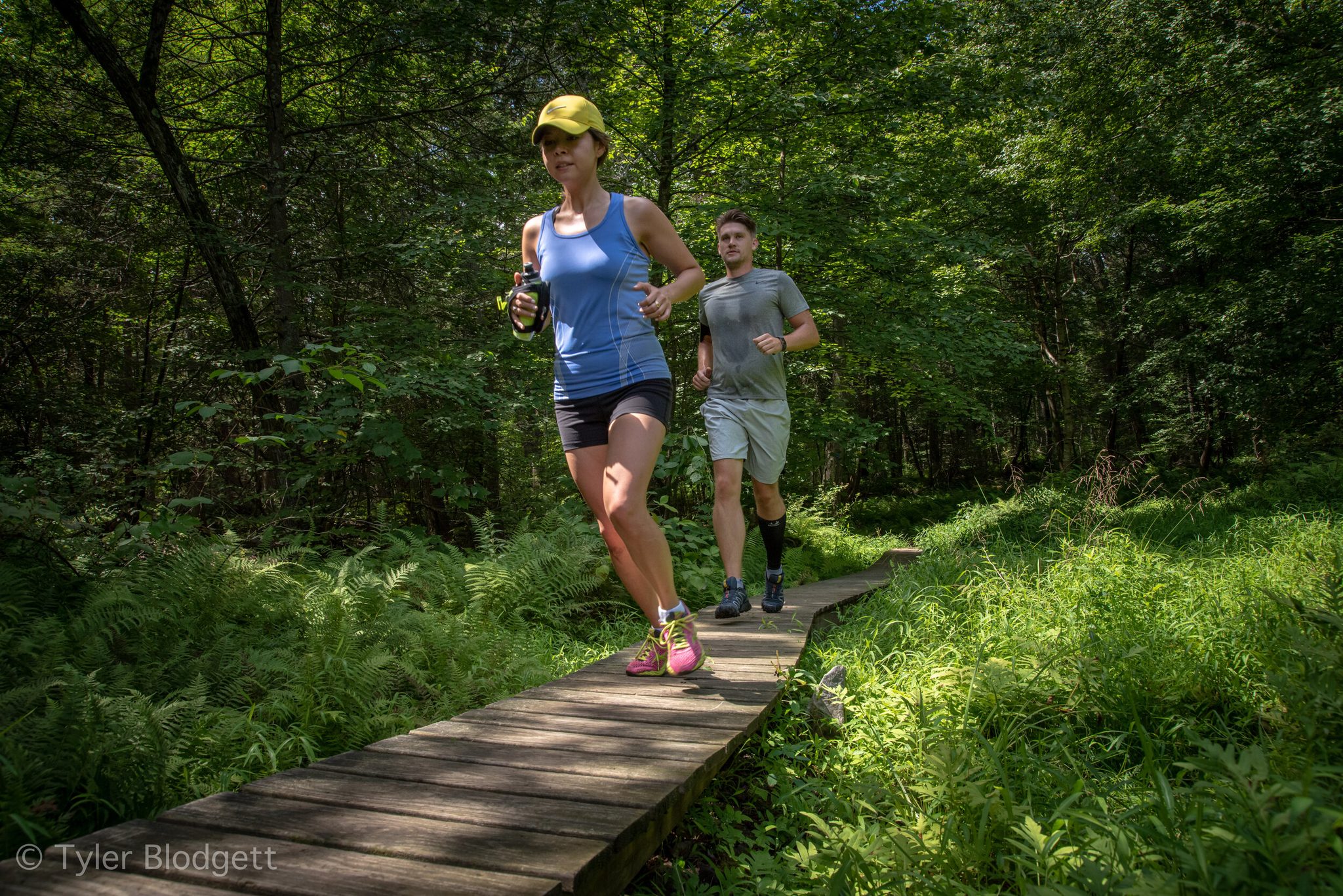 Two runners take the boardwalk through the ferns at full stride.