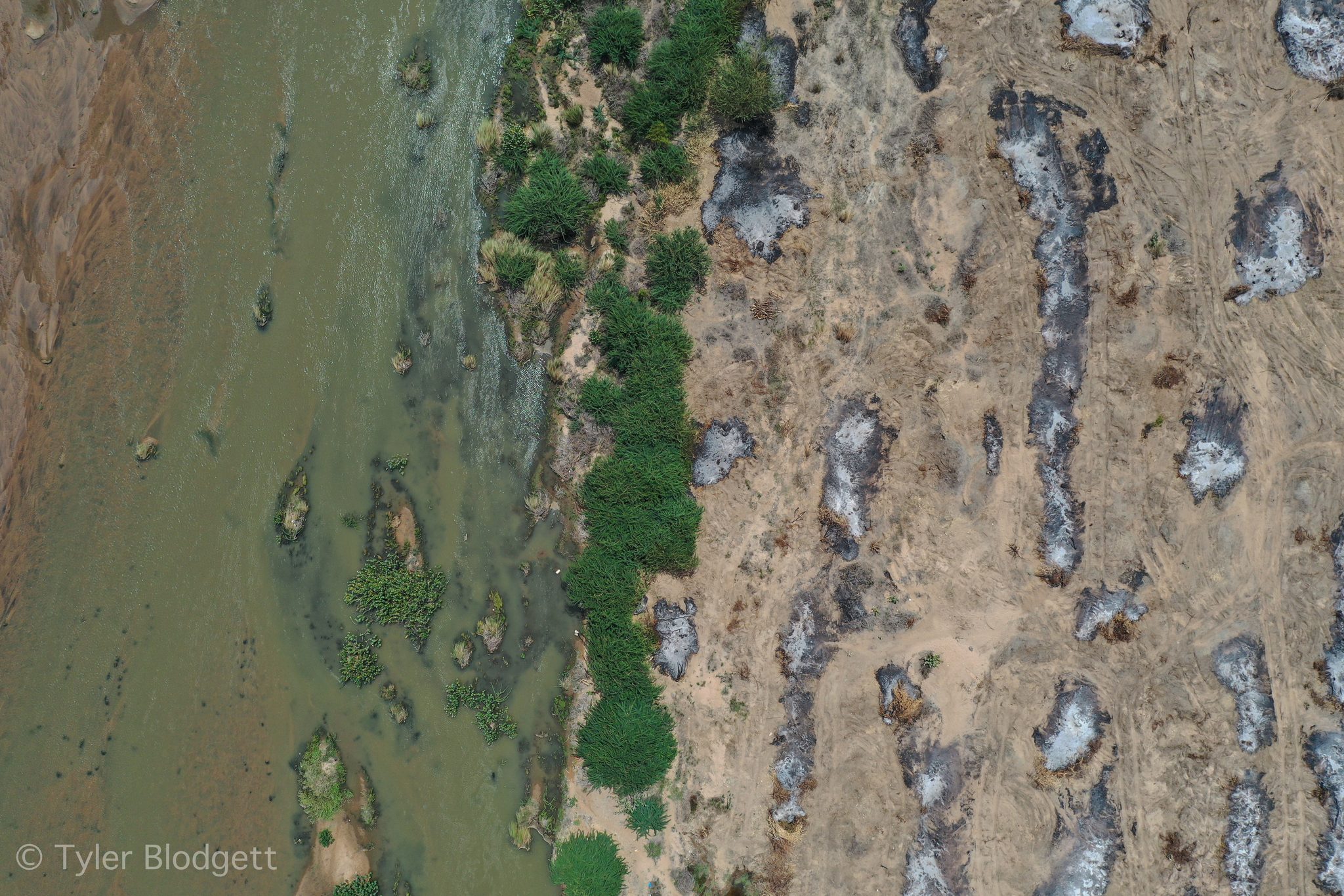 Straight down, green water meets a riverbank pocked with pits.