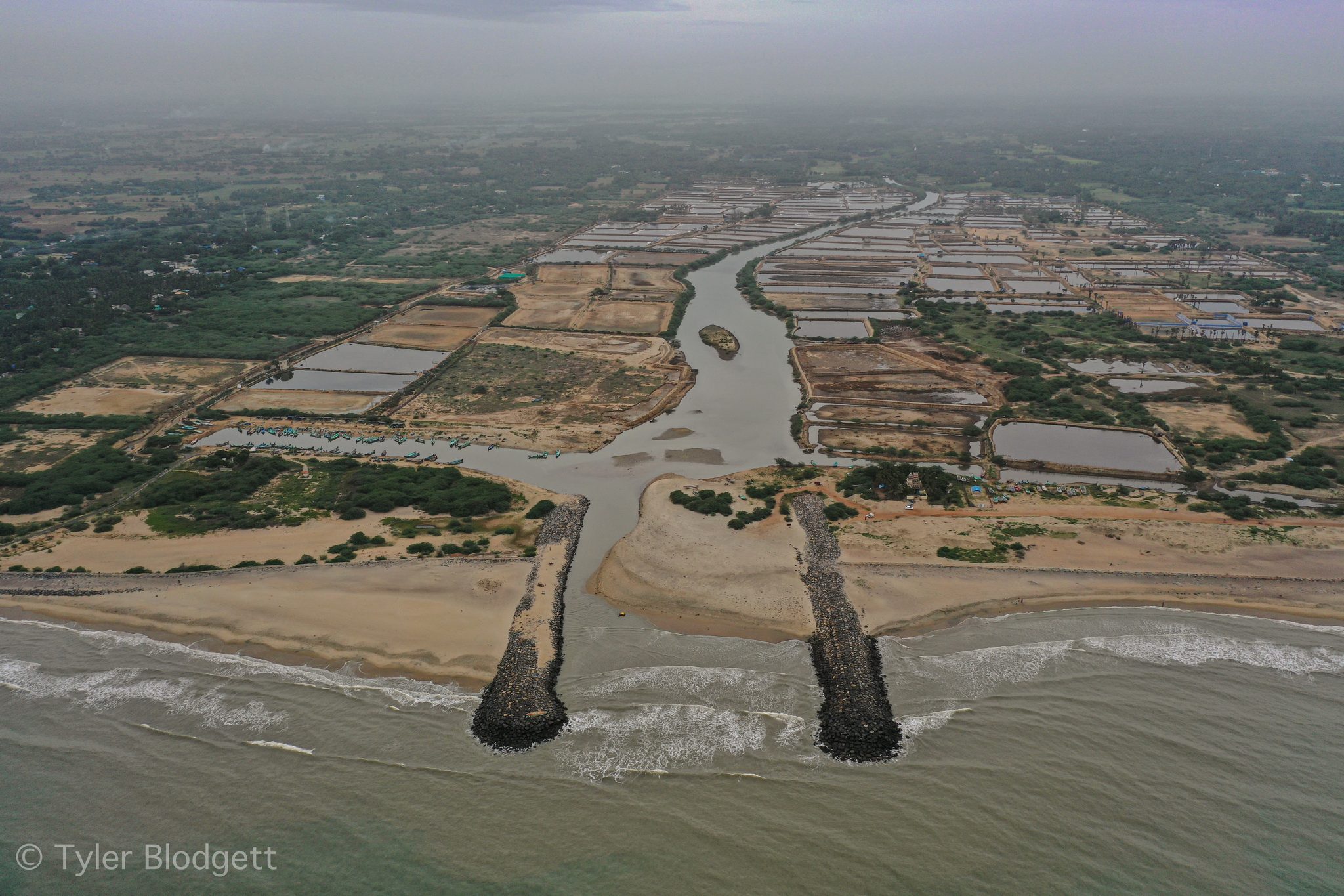 The river cuts through a coast of ponds and paddies to reach the sea.