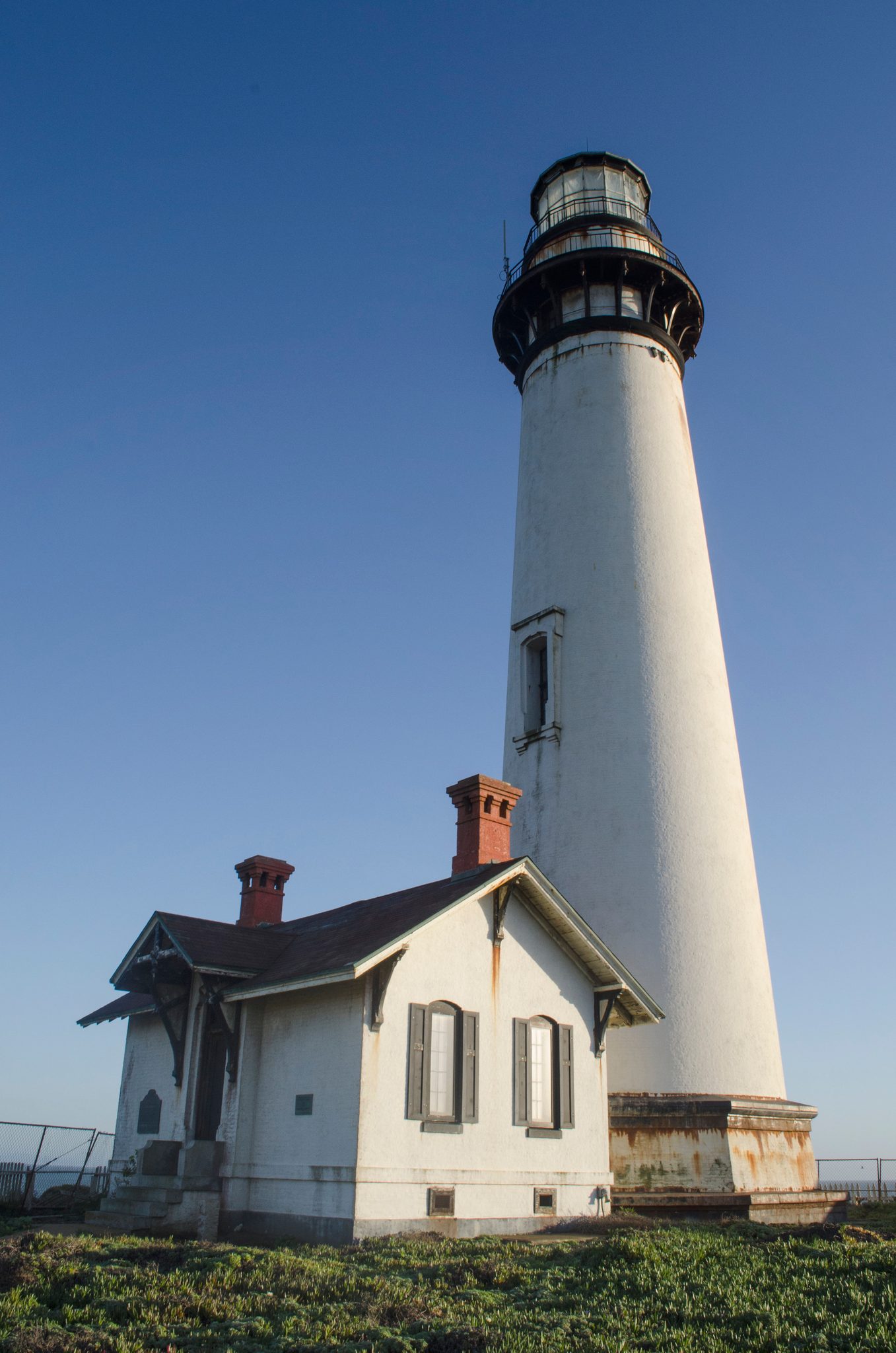 Pigeon Point Lighthouse stands tall and white against a clear blue sky.