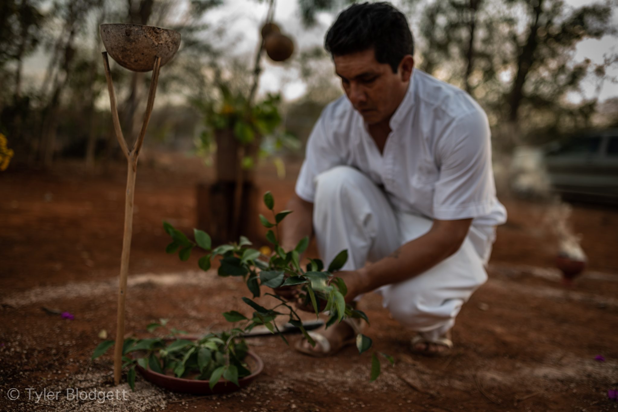 A man in white kneels to arrange leaves around the offering.