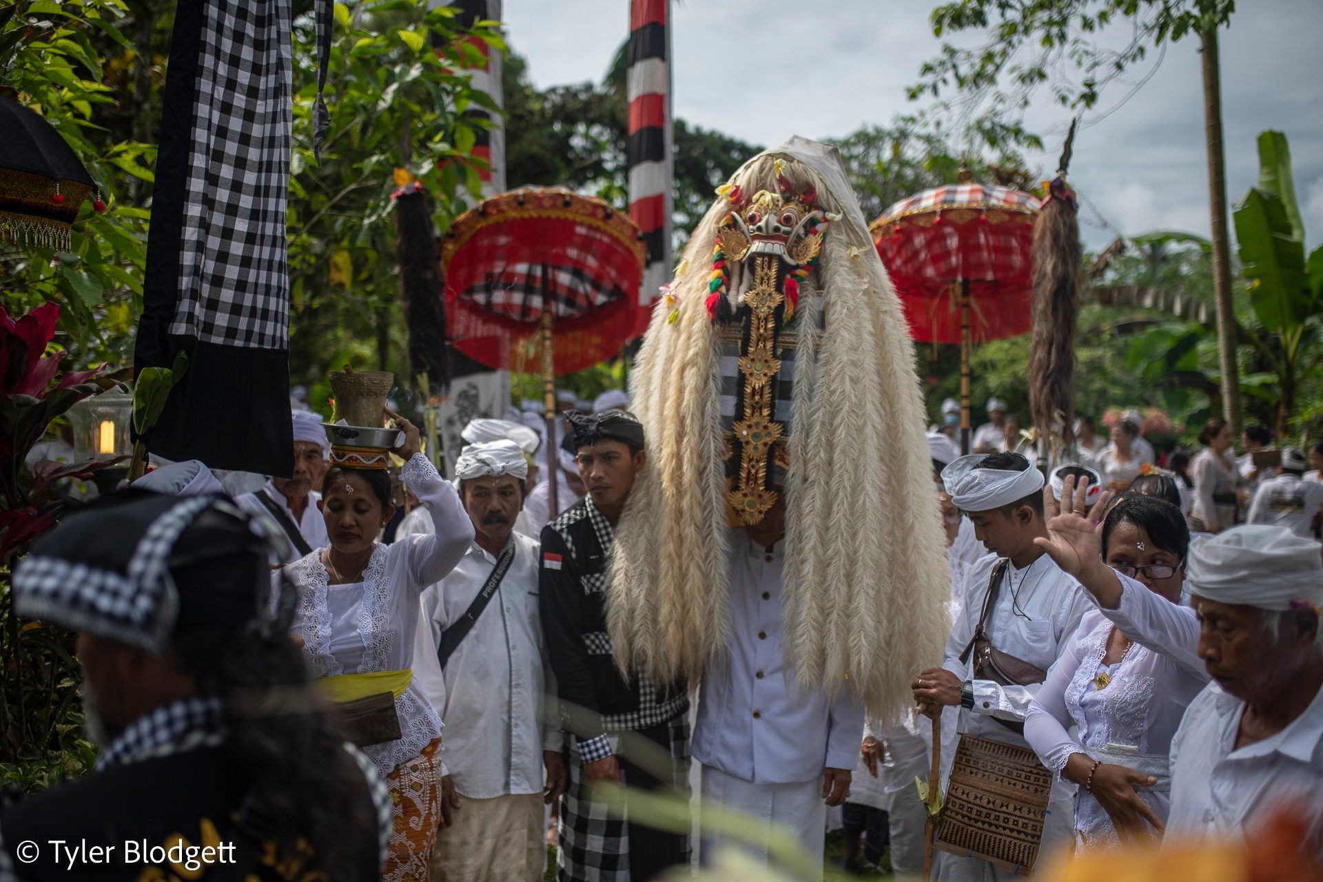 The masked figure moves through the crowd beneath red parasols, its white mane nearly touching the ground.