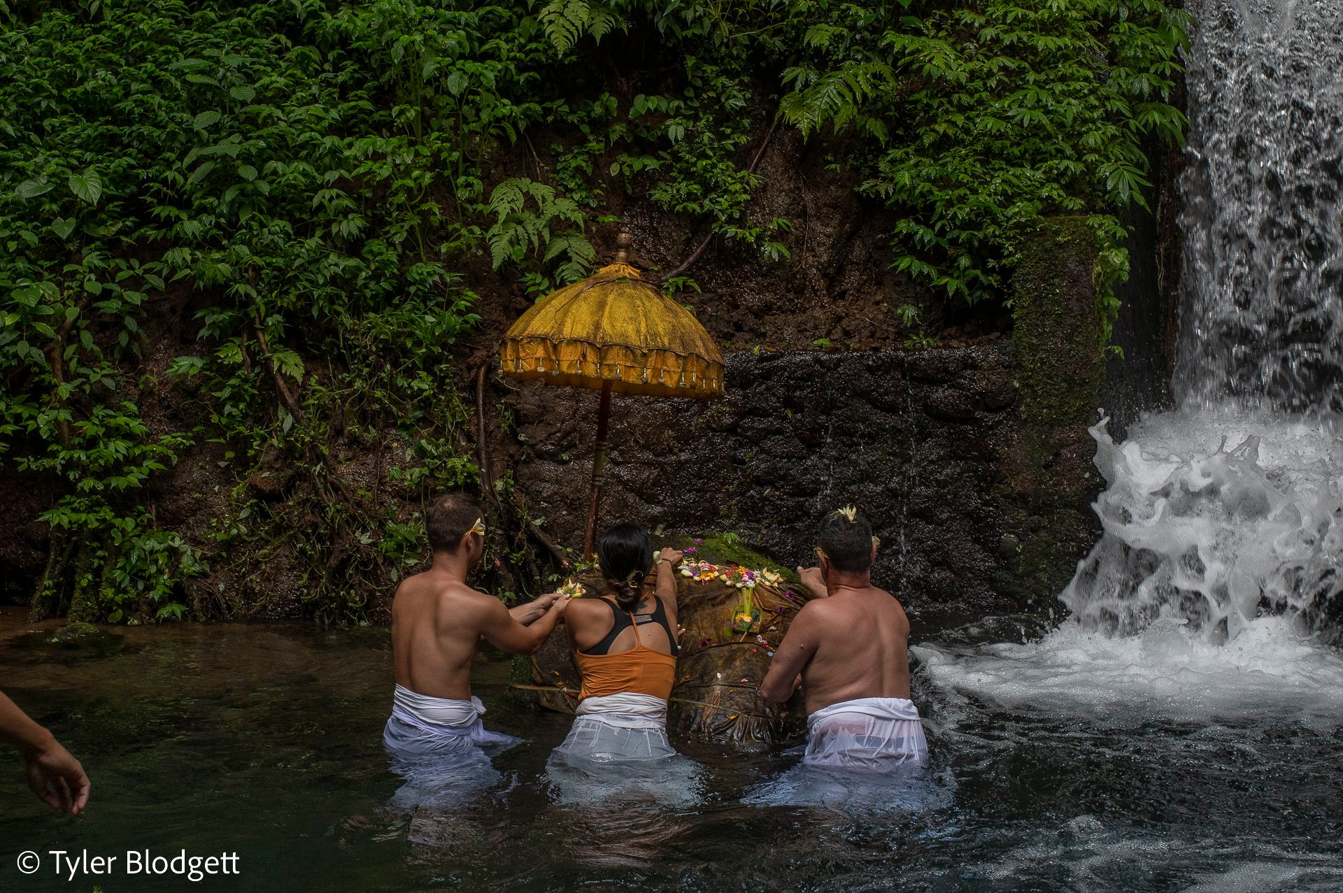 Beneath a yellow ceremonial umbrella, three people stand waist deep with their offerings as the falls pour in beside them.