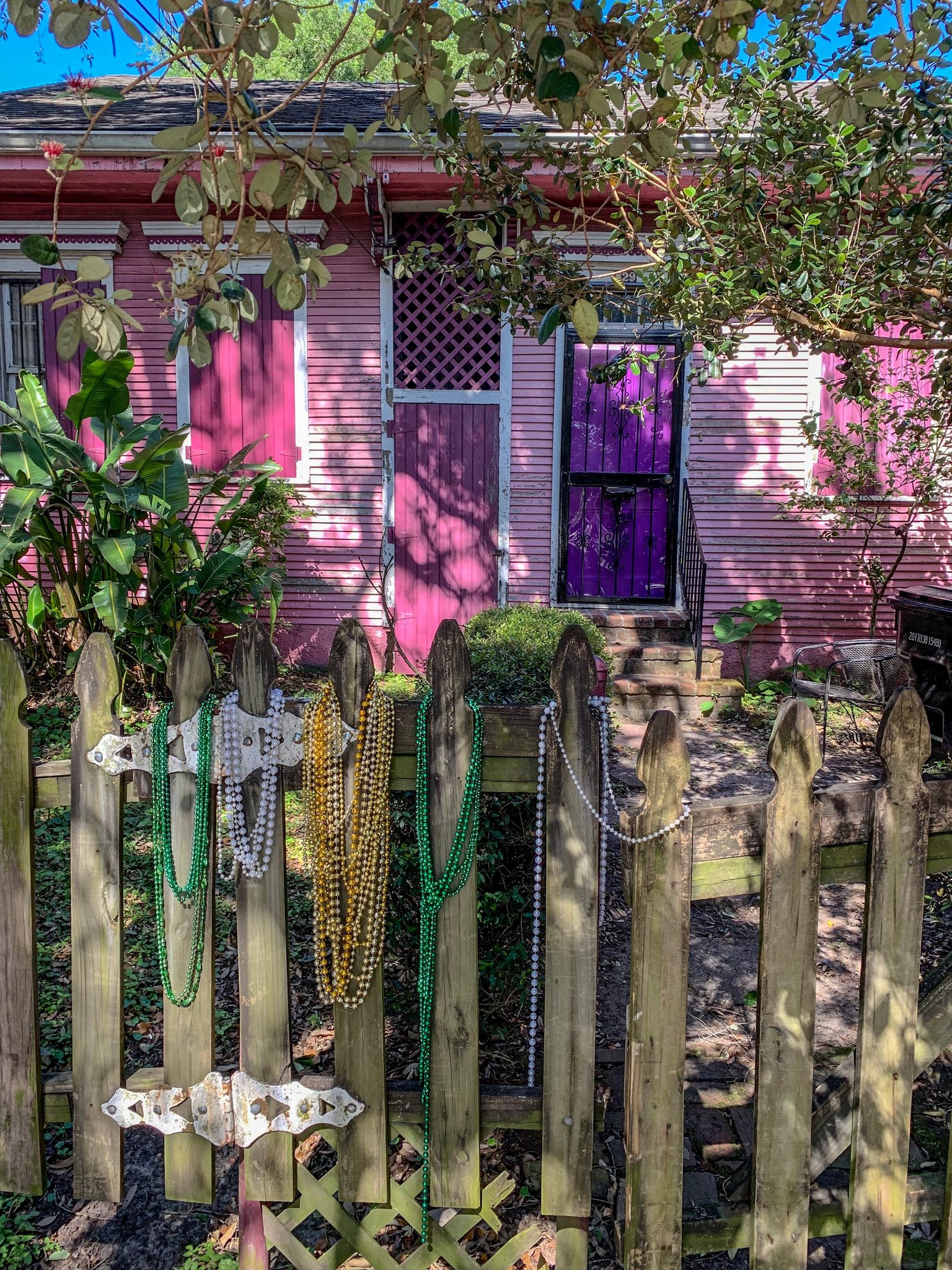 Mardi Gras beads hang from a picket fence in front of a pink and purple cottage.