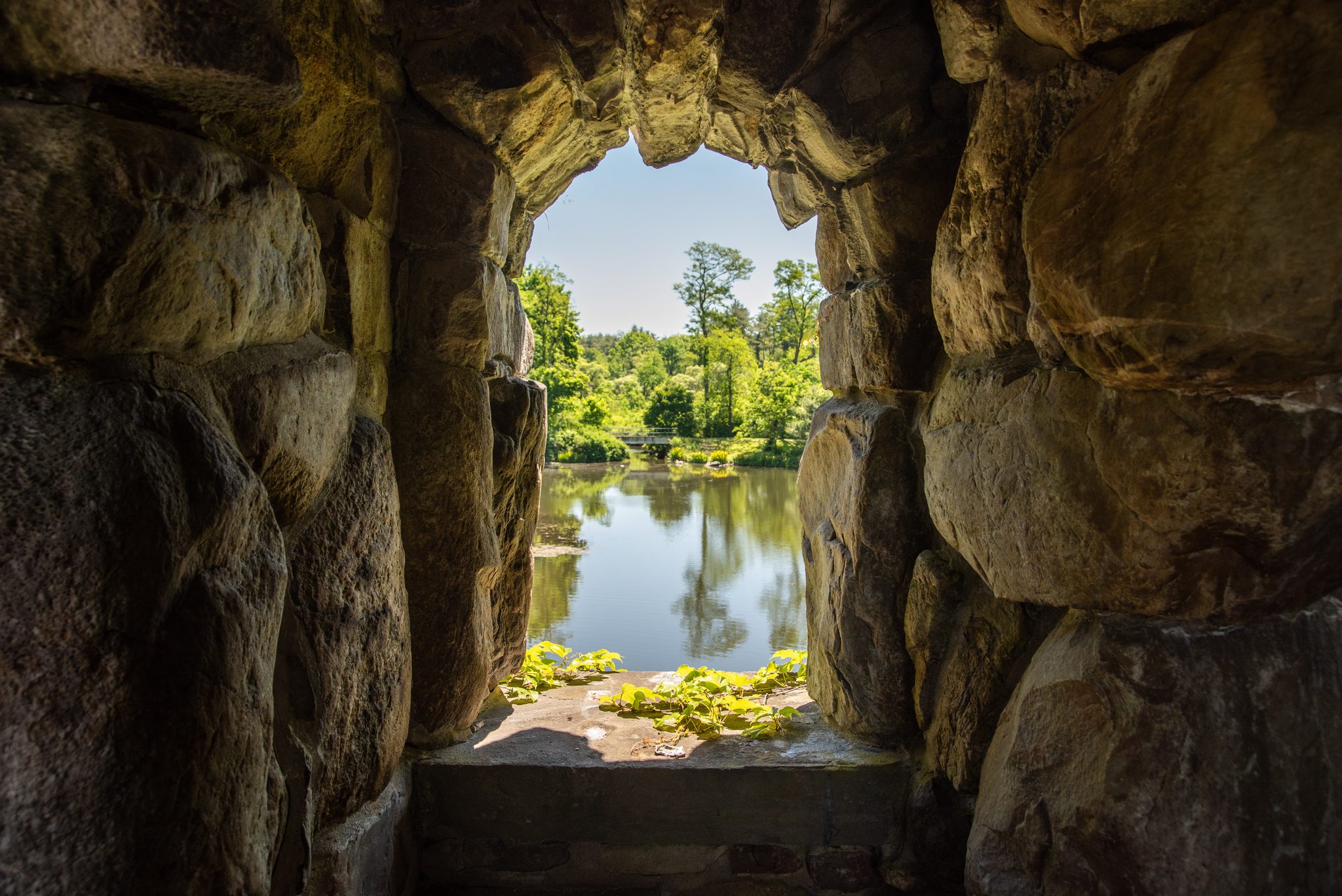 A rough window in the stonework looks out on still water, trees reflected in it and leaves on the sill.