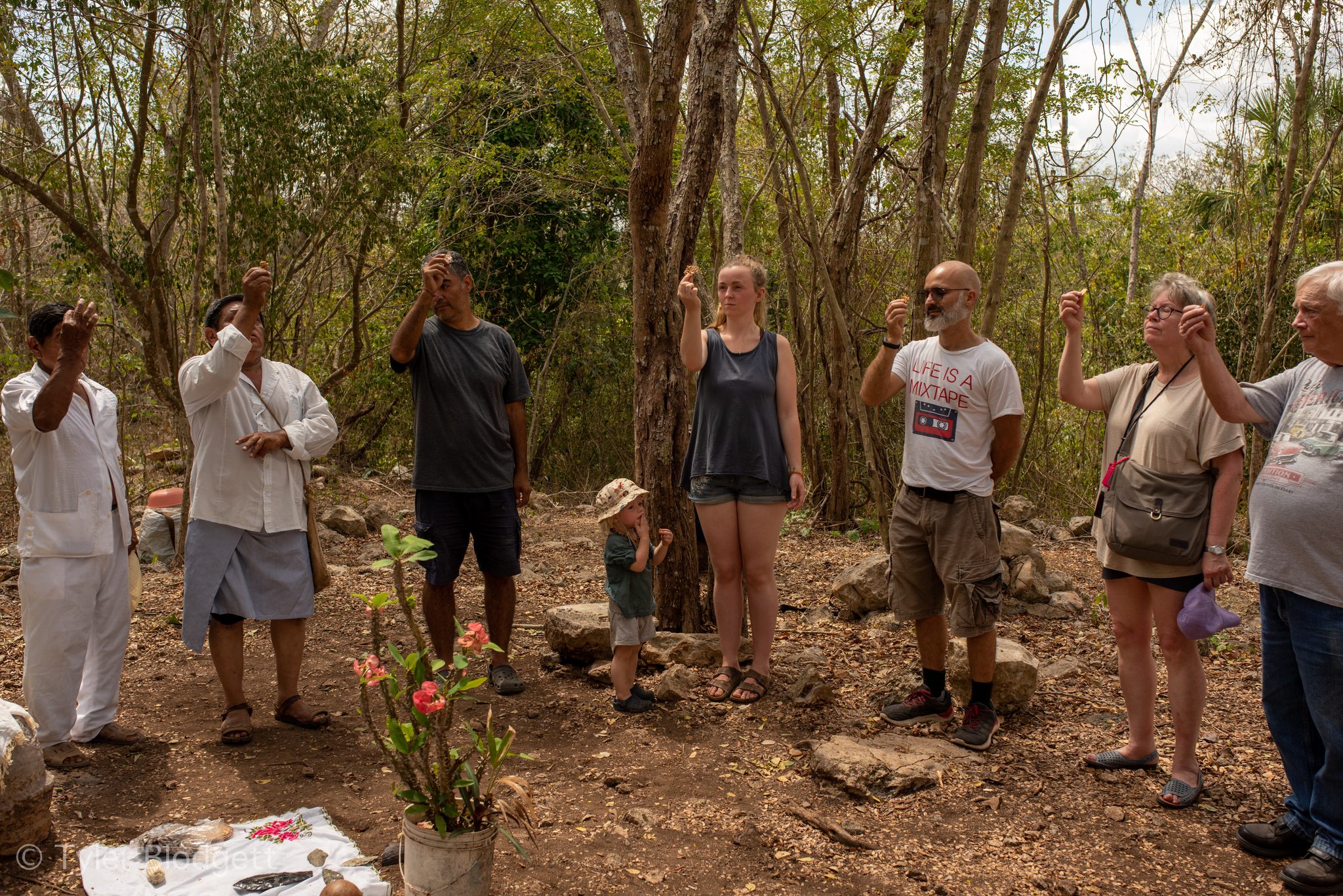 Visitors raise their arms in the forest as the elder leads the ceremony.