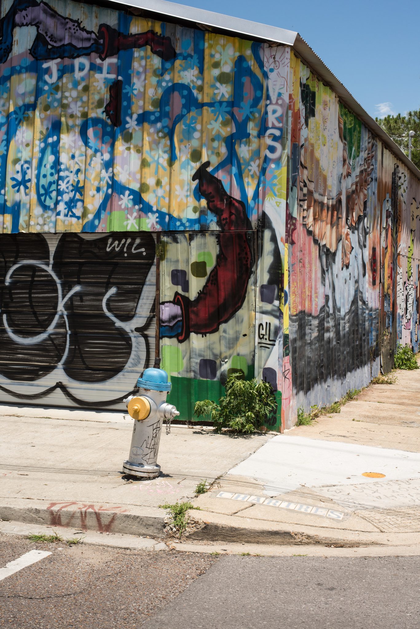A fire hydrant stands in front of a wall covered floor to roof in paint.