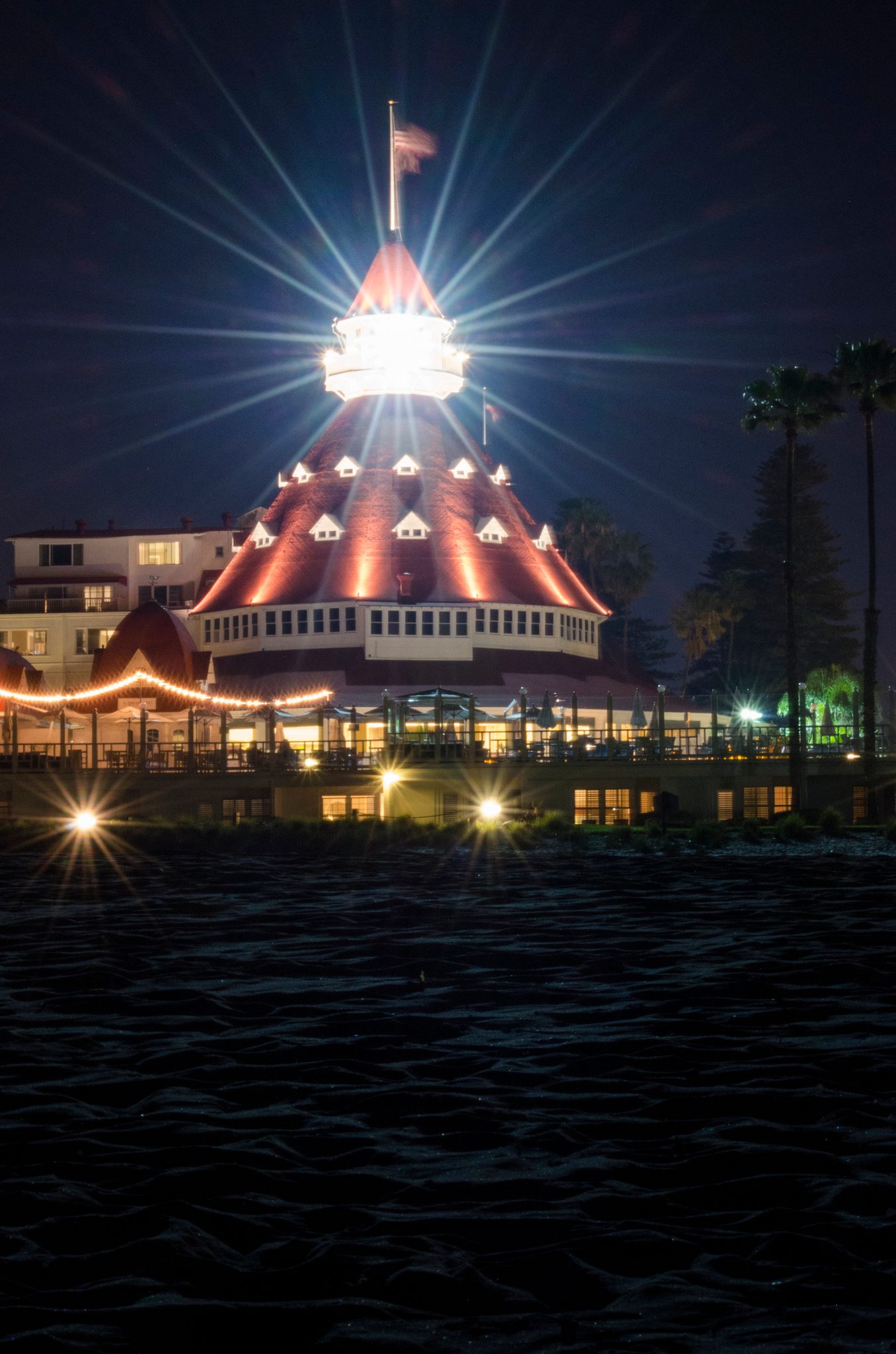 The Hotel del Coronado's red turret blazes against the night sky.