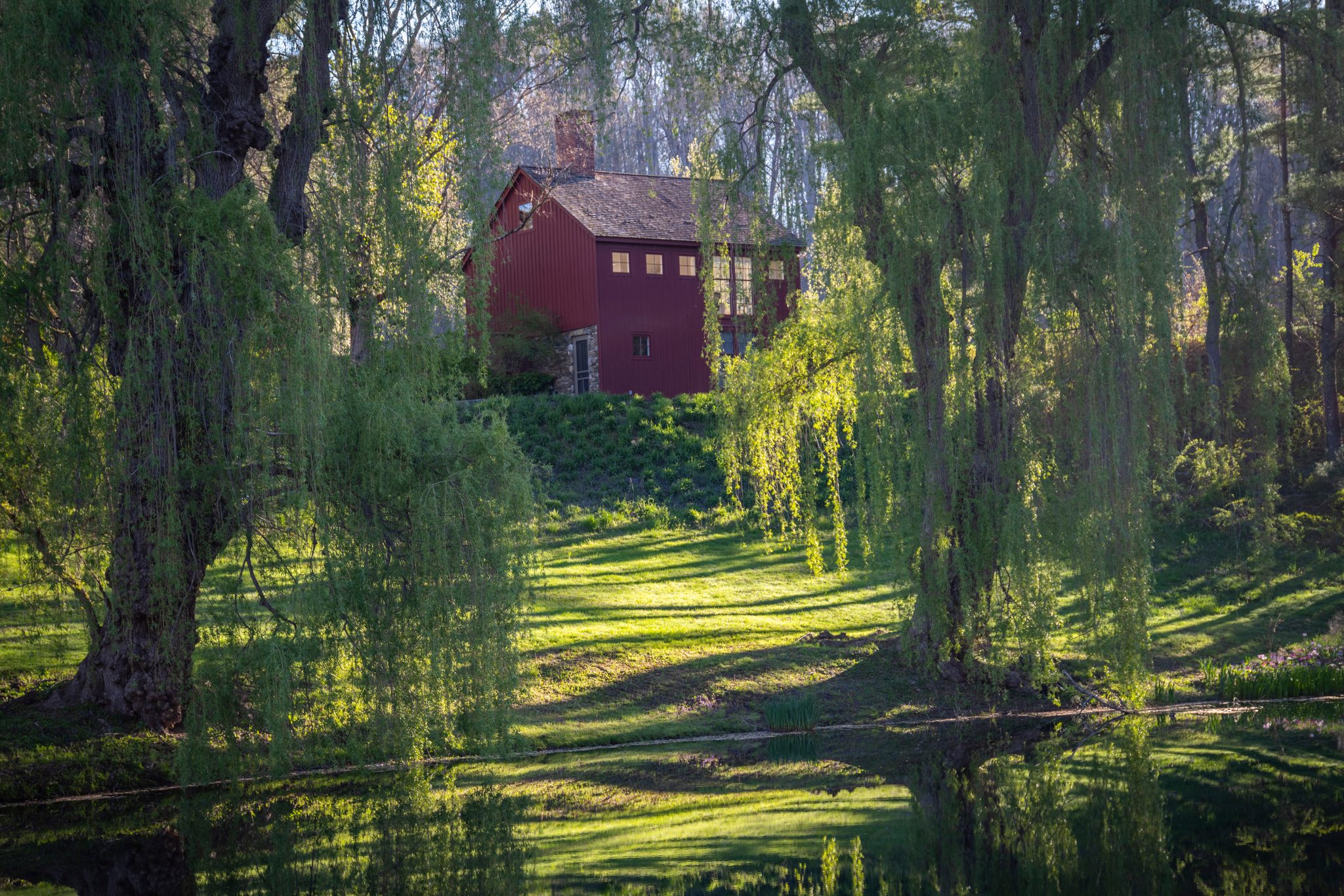 The red barn looks out through a curtain of new willow, its reflection laid across the pond.