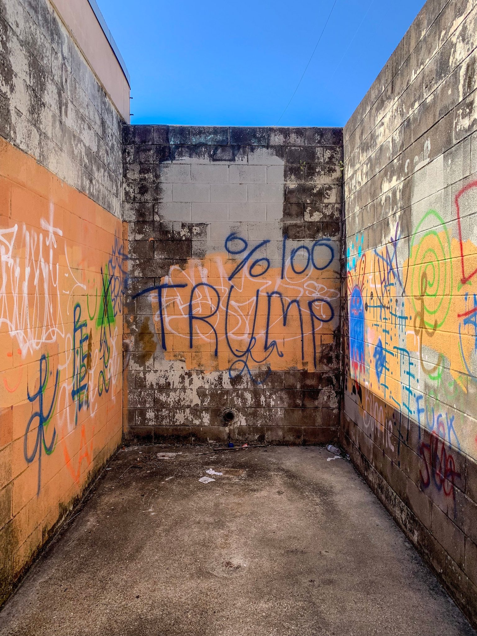 Graffiti covers every wall of an empty courtyard, 100% TRUMP scrawled in the middle.
