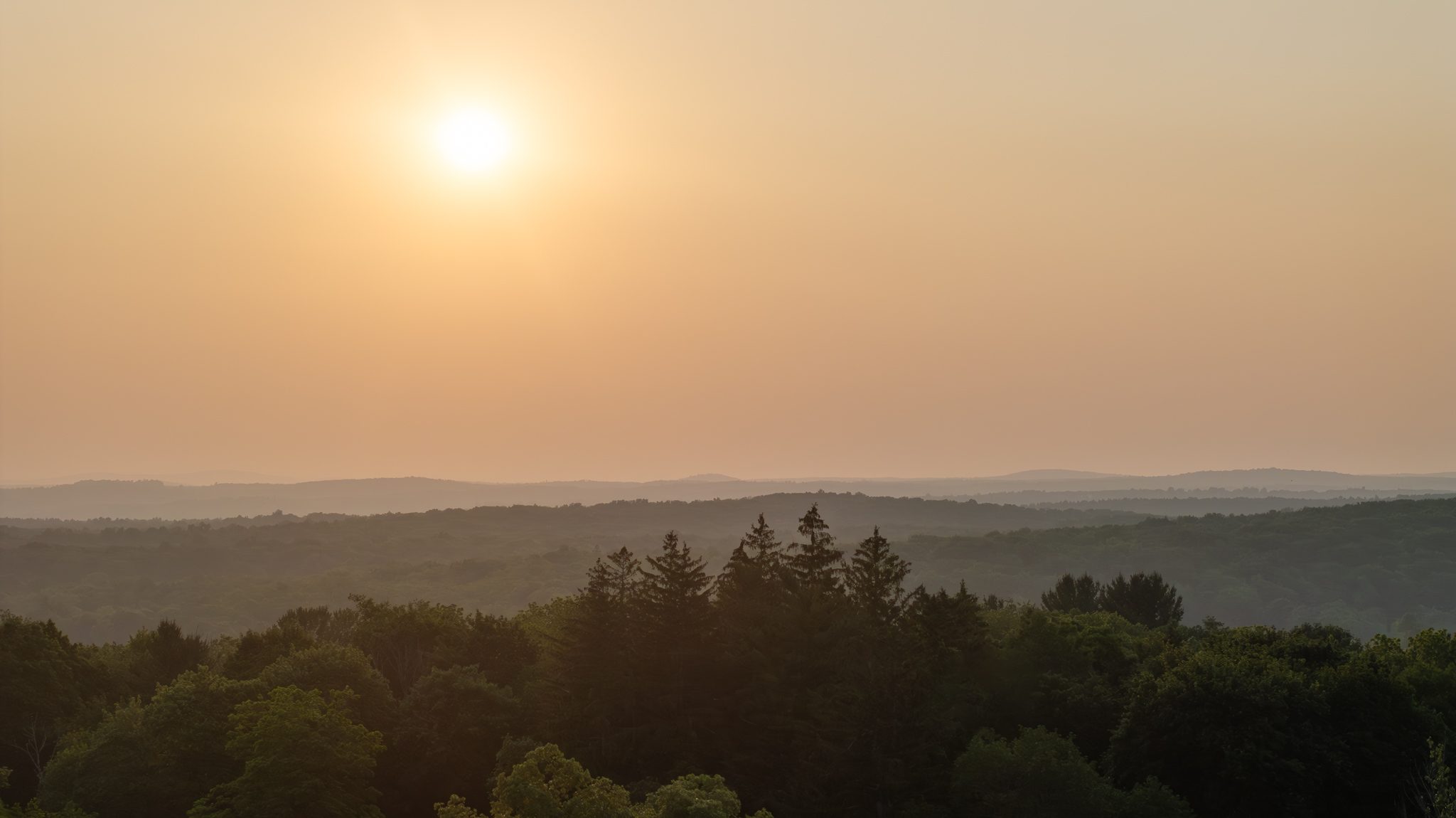 The sun sinking through summer haze over layers of wooded hills, the view west from above the estate.